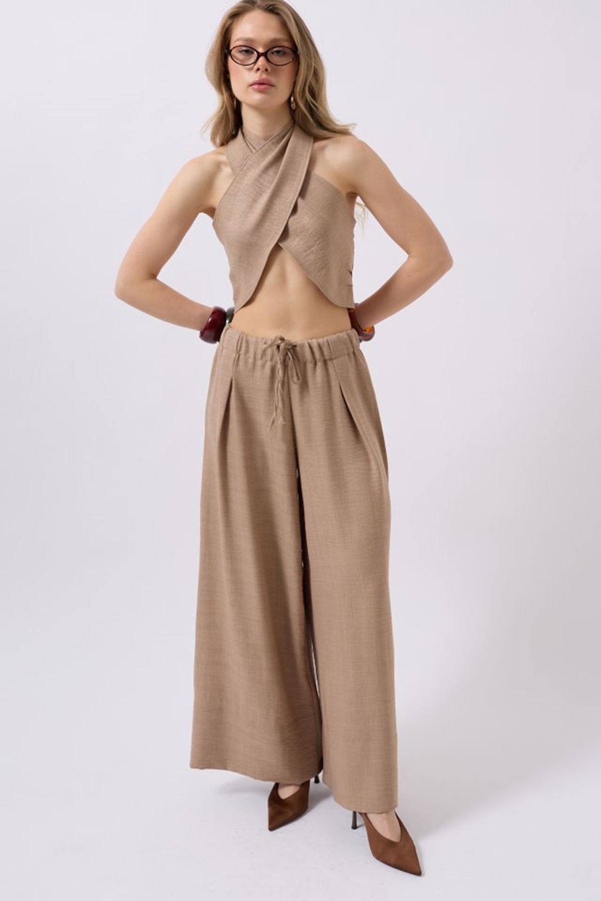 Düşük Bel Oversize Keten Pantolon