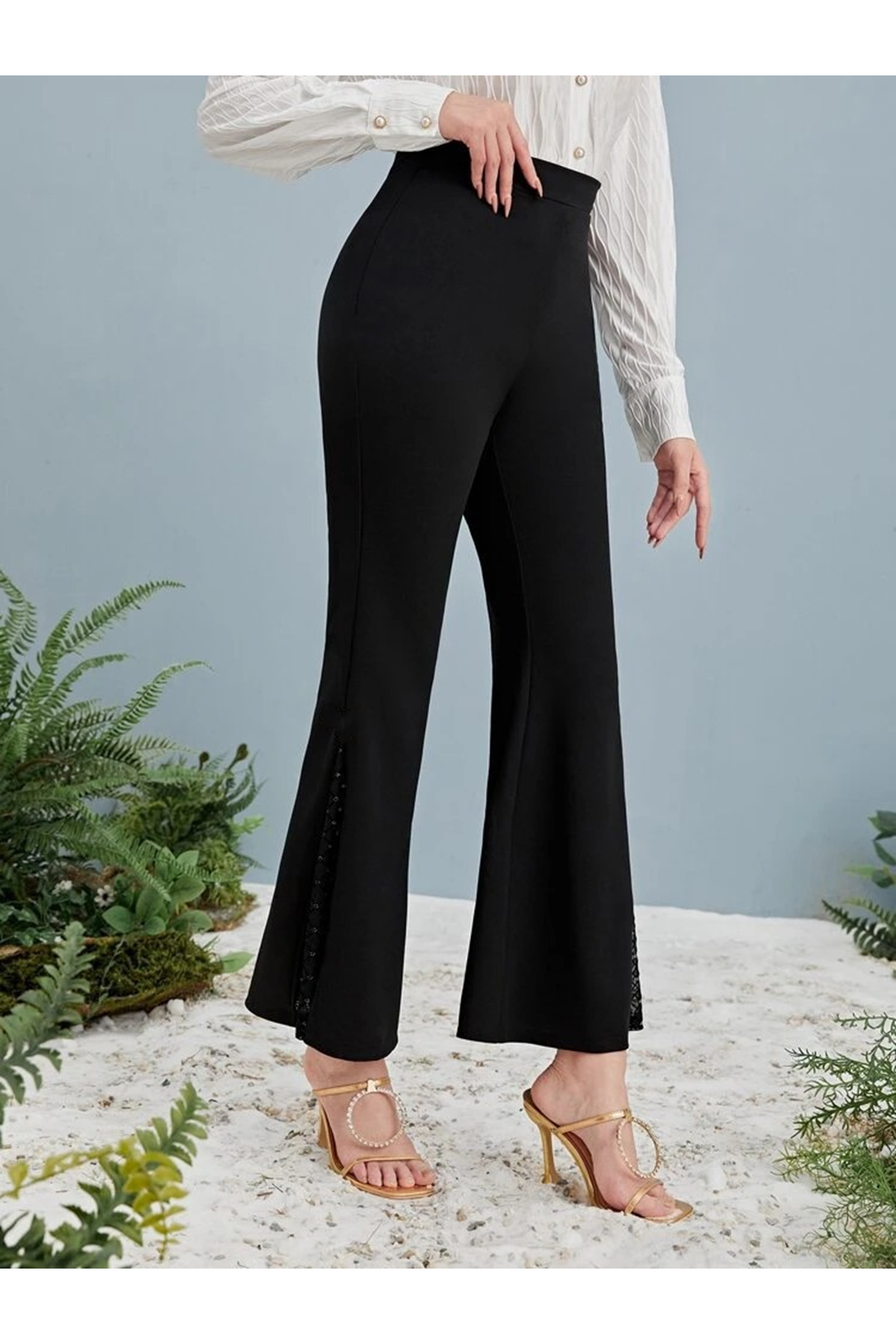 Kadın Yüksek Bel Yanları Tül Detaylı Dalgıç Tayt Pantolon