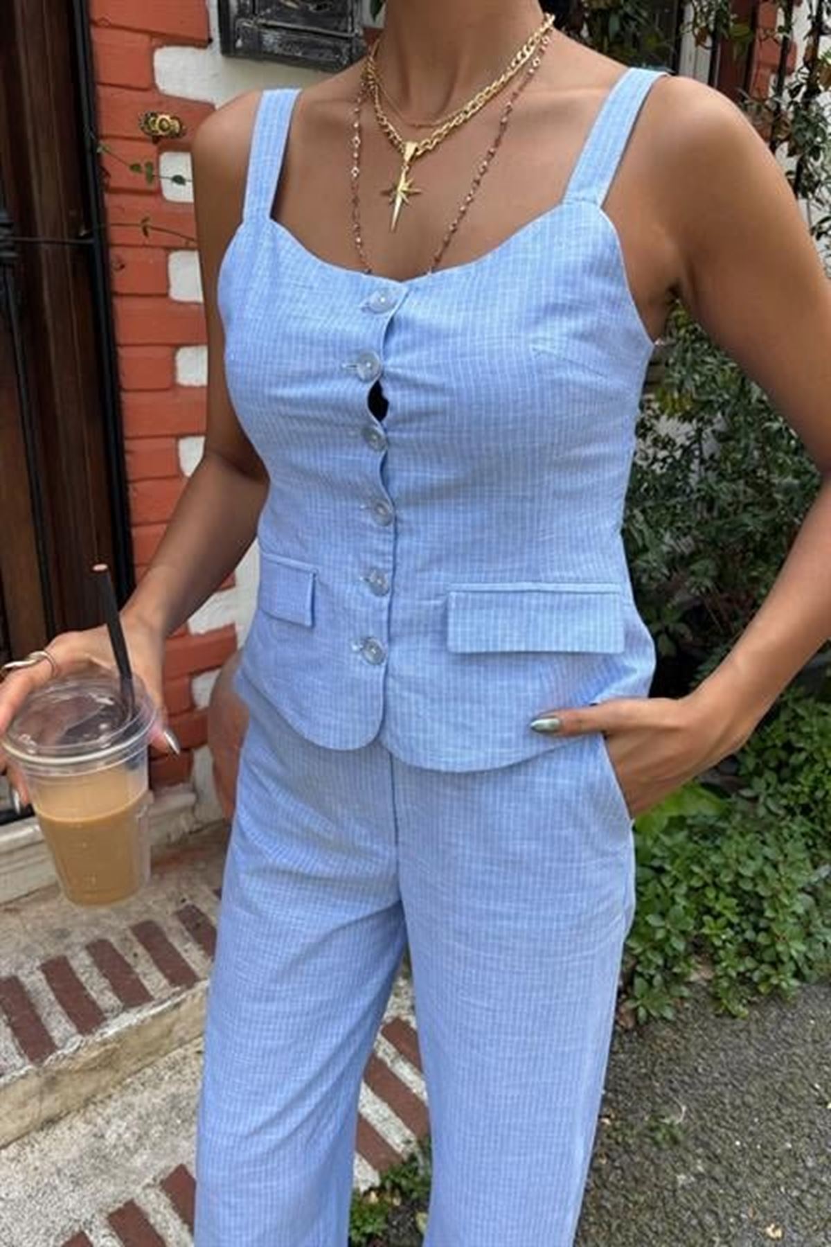 Kalın Askılı Bluz Pantolon Keten Takım 10187