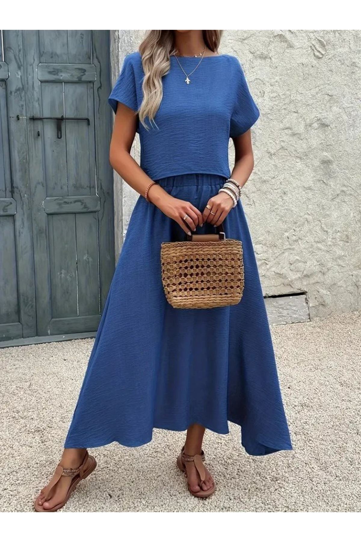 Kadın Kısa Kollu Bisiklet Yaka Bluz Etekli Ithal Keten Ikili Takım