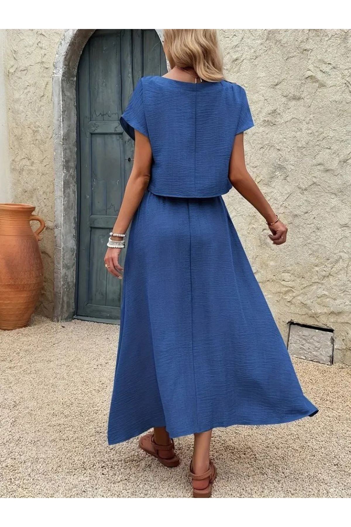 Kadın Kısa Kollu Bisiklet Yaka Bluz Etekli Ithal Keten Ikili Takım