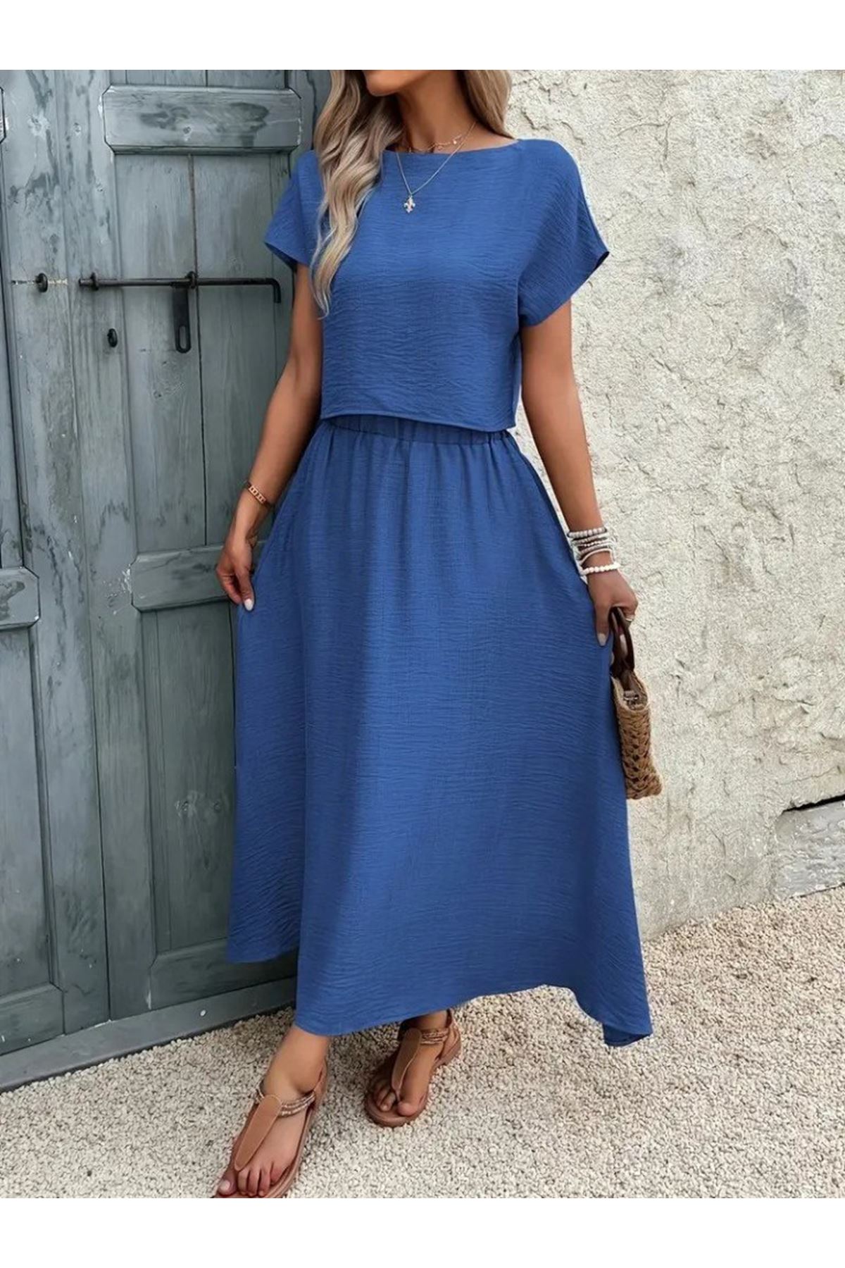 Kadın Kısa Kollu Bisiklet Yaka Bluz Etekli Ithal Keten Ikili Takım