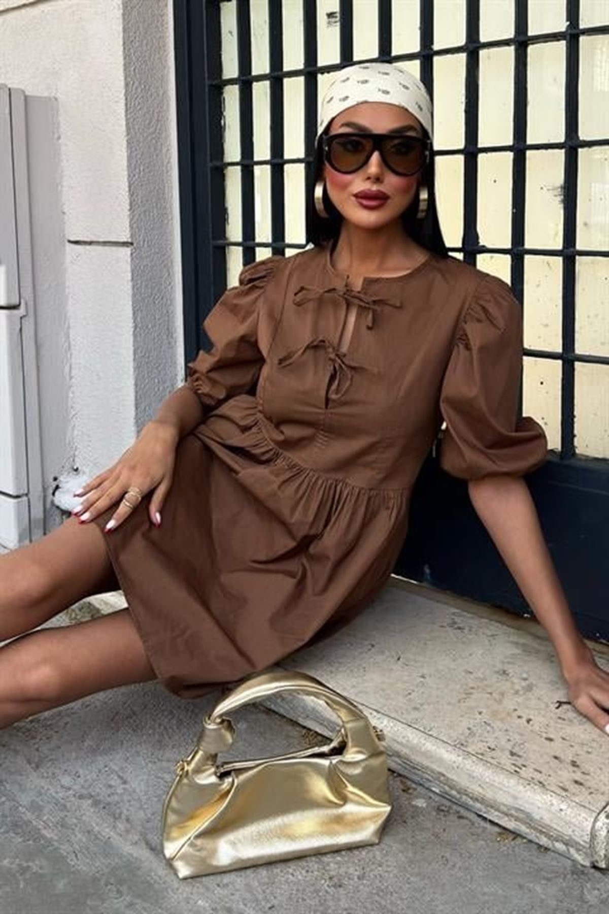 Önü Fiyonk Bağlamalı Ve Balon Kollu Elbise 2893