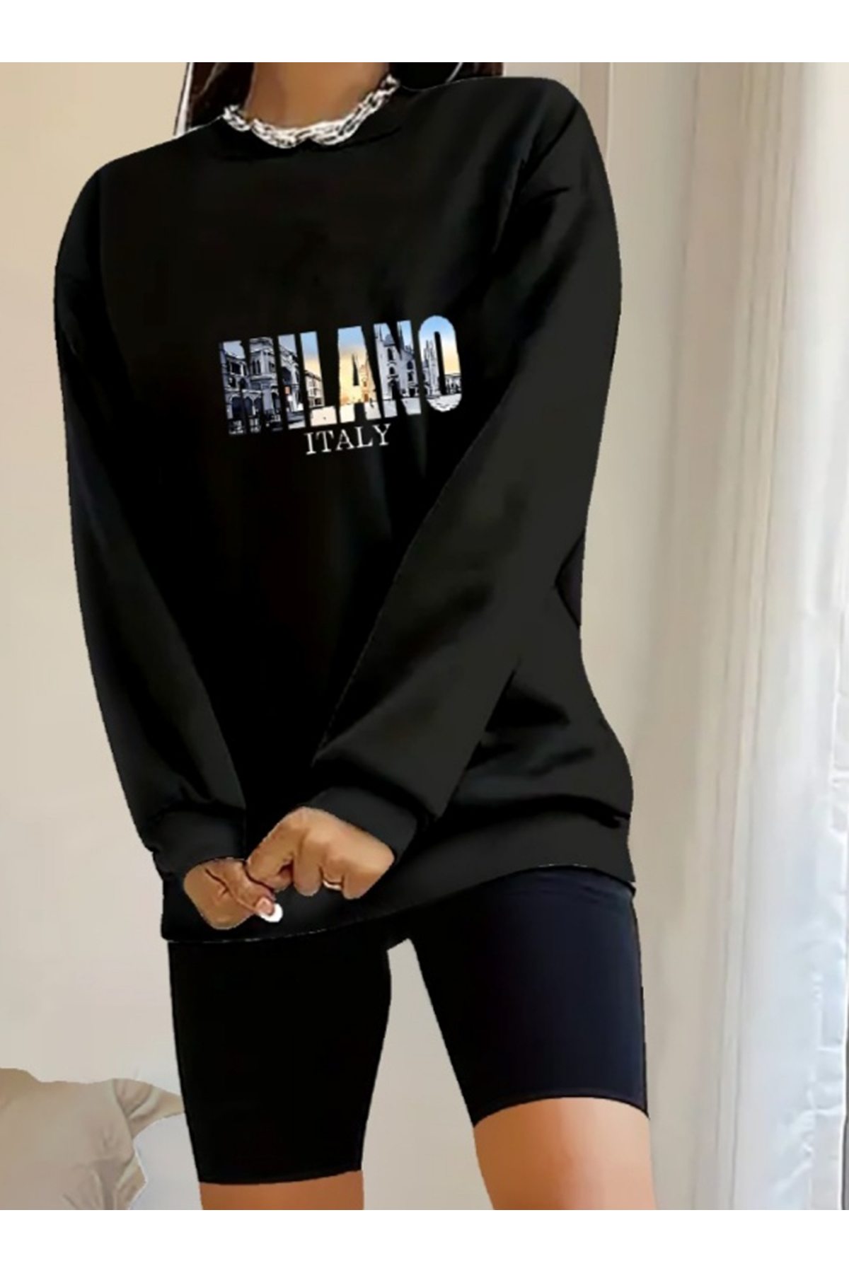 Kadın Uzun Kollu Bisiklet Yaka Desenli Viskon Iki Iplik Bluz