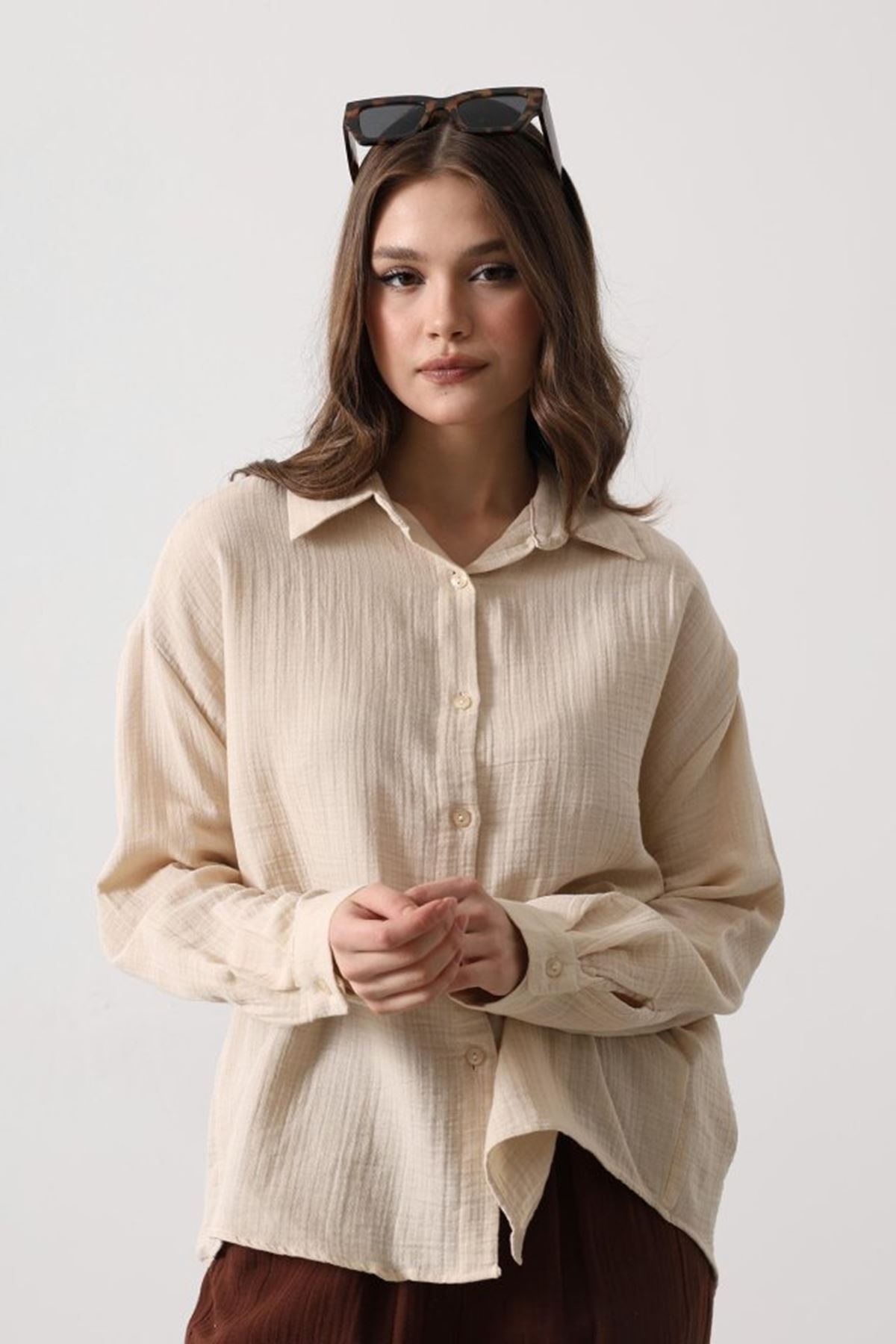 Müslin Uzun Kol Gömlek - Bej
