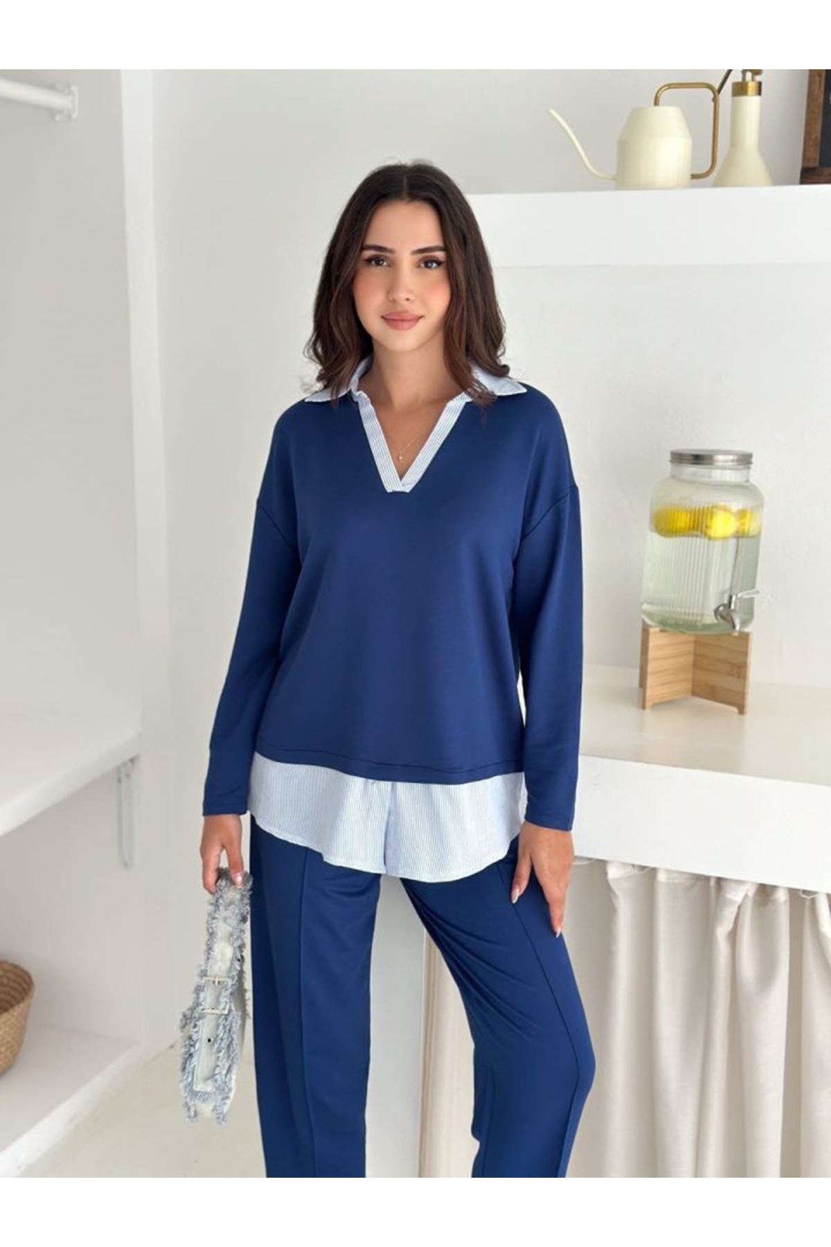 Polo Yaka Gömlekl Detay Salaş Balon Pantolunlu ıkılı Takım