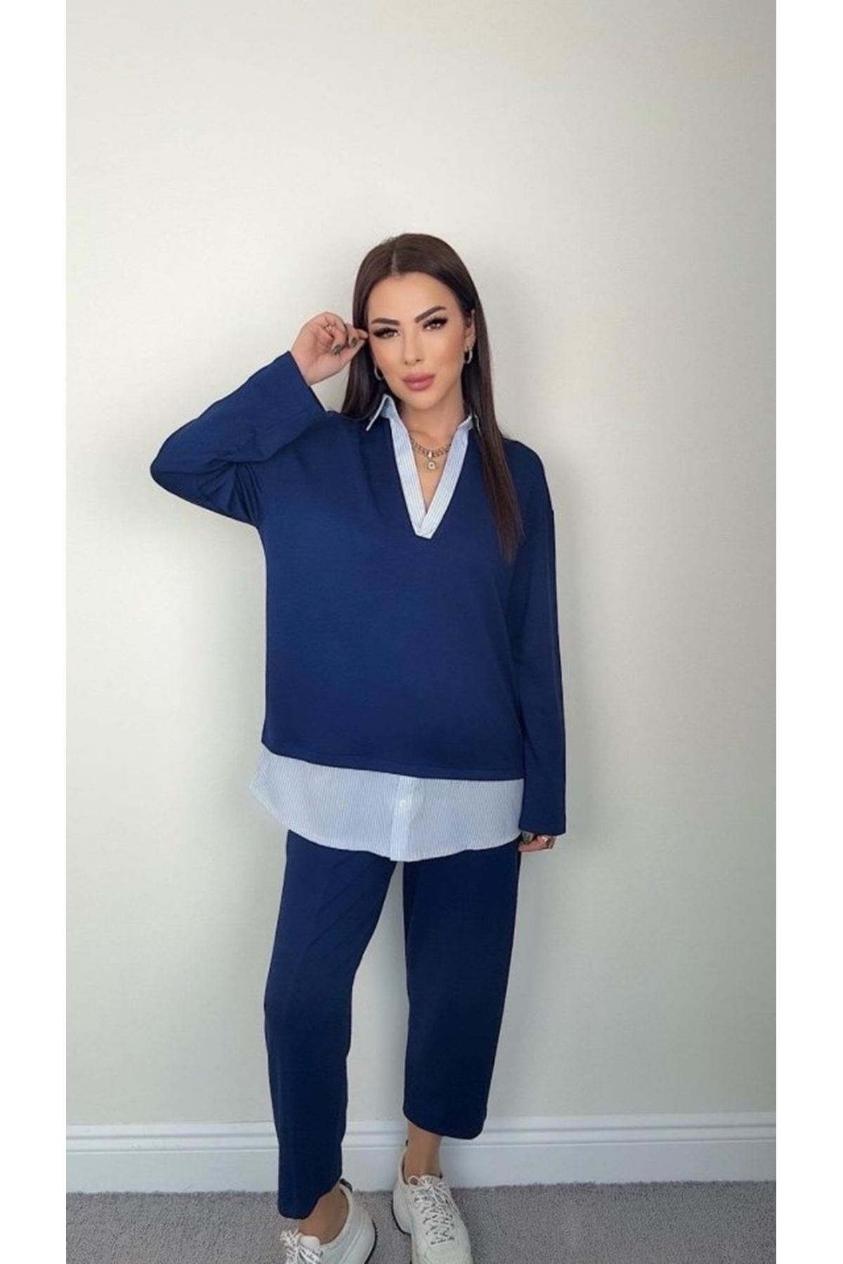 Polo Yaka Gömlekl Detay Salaş Balon Pantolunlu ıkılı Takım
