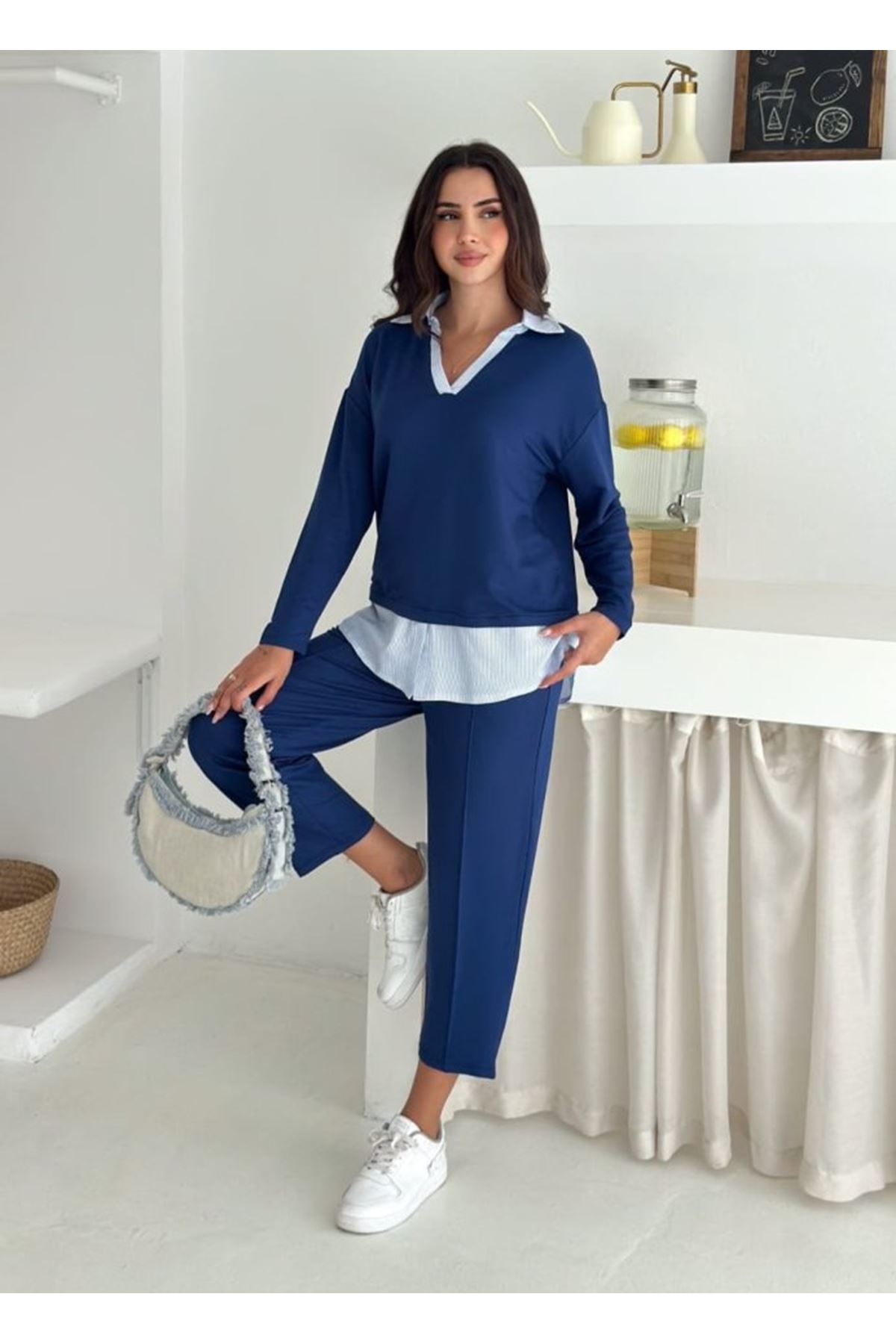 Polo Yaka Gömlekl Detay Salaş Balon Pantolunlu ıkılı Takım