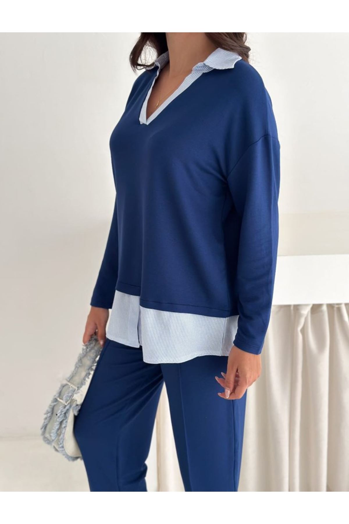 Polo Yaka Gömlekl Detay Salaş Balon Pantolunlu ıkılı Takım