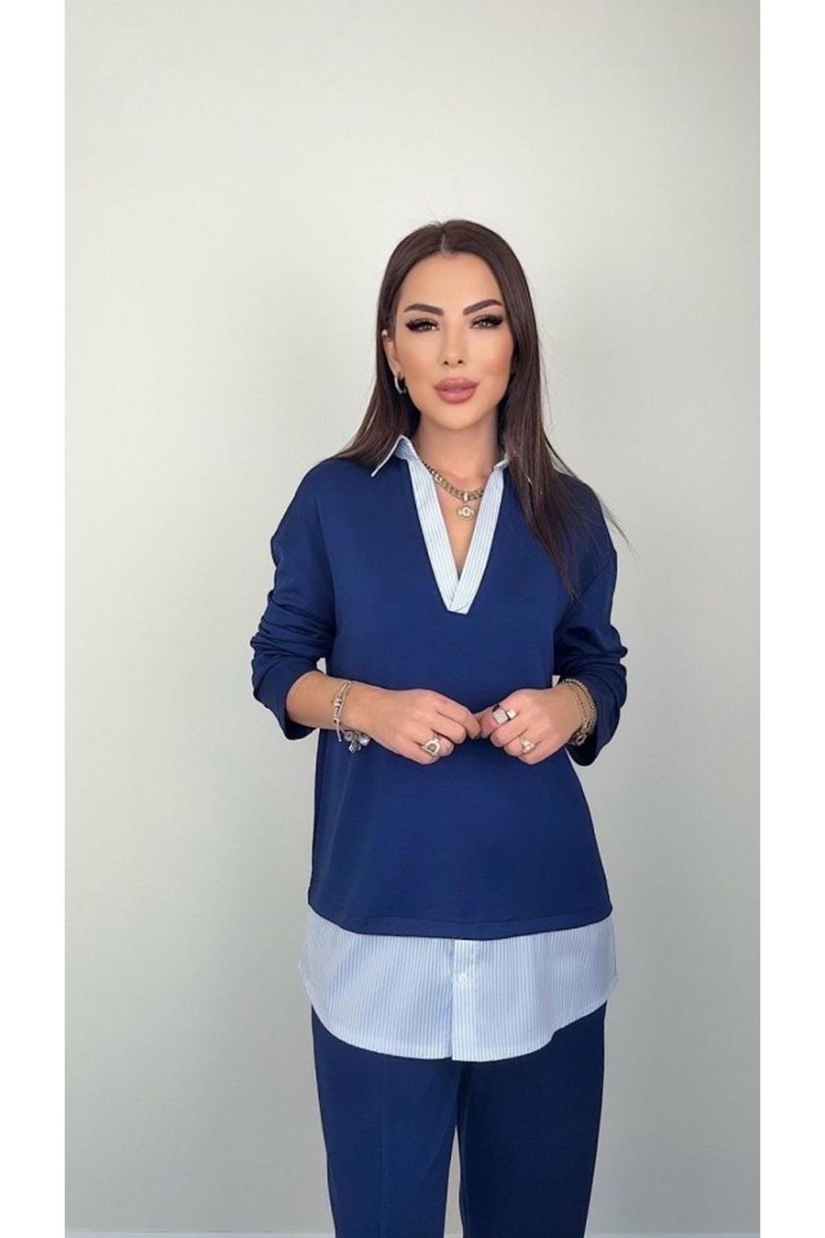 Polo Yaka Gömlekl Detay Salaş Balon Pantolunlu ıkılı Takım