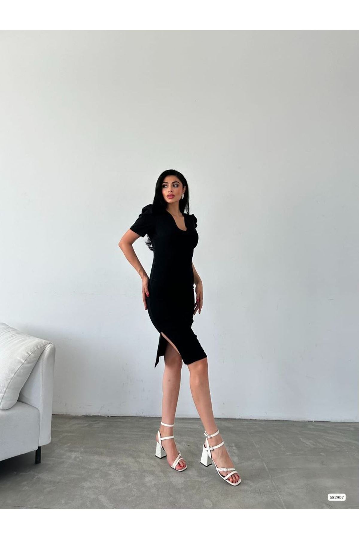 Kadın Kruvaze Yaka Yandan Yırtmaç Detaylı Scuba Krep Kumaş Midi Boy Elbise