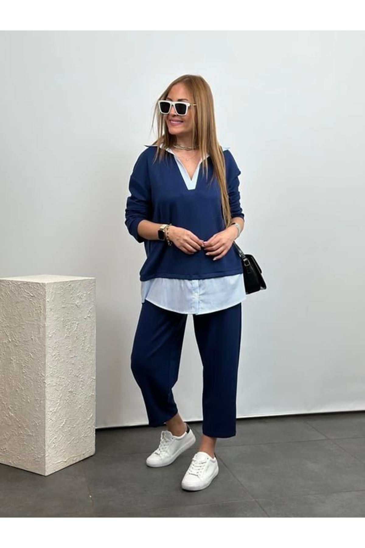 Polo Yaka Gömlekl Detay Salaş Balon Pantolunlu ıkılı Takım