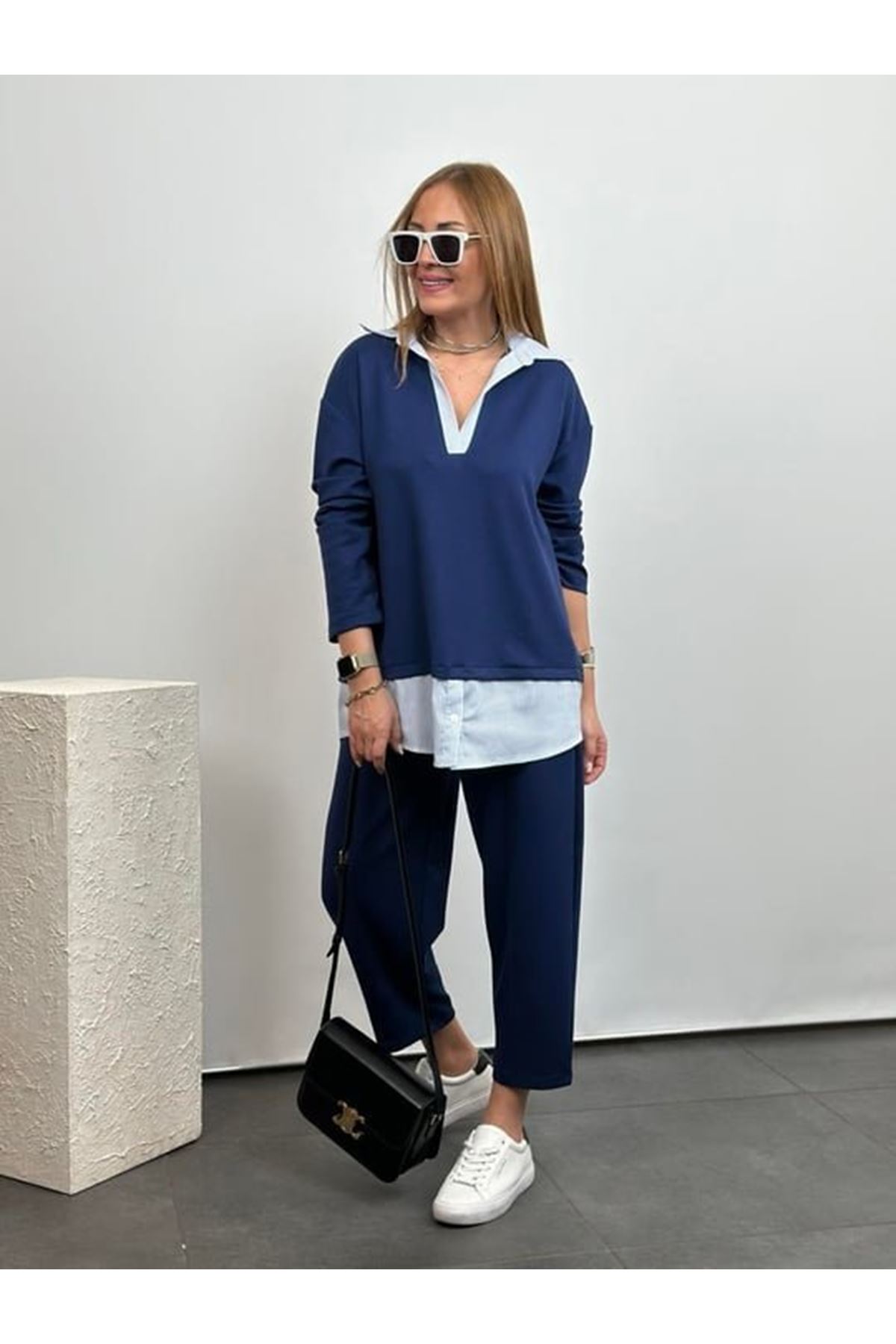 Polo Yaka Gömlekl Detay Salaş Balon Pantolunlu ıkılı Takım