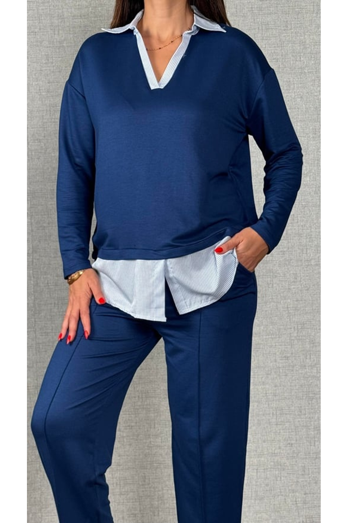 Polo Yaka Gömlekl Detay Salaş Balon Pantolunlu ıkılı Takım