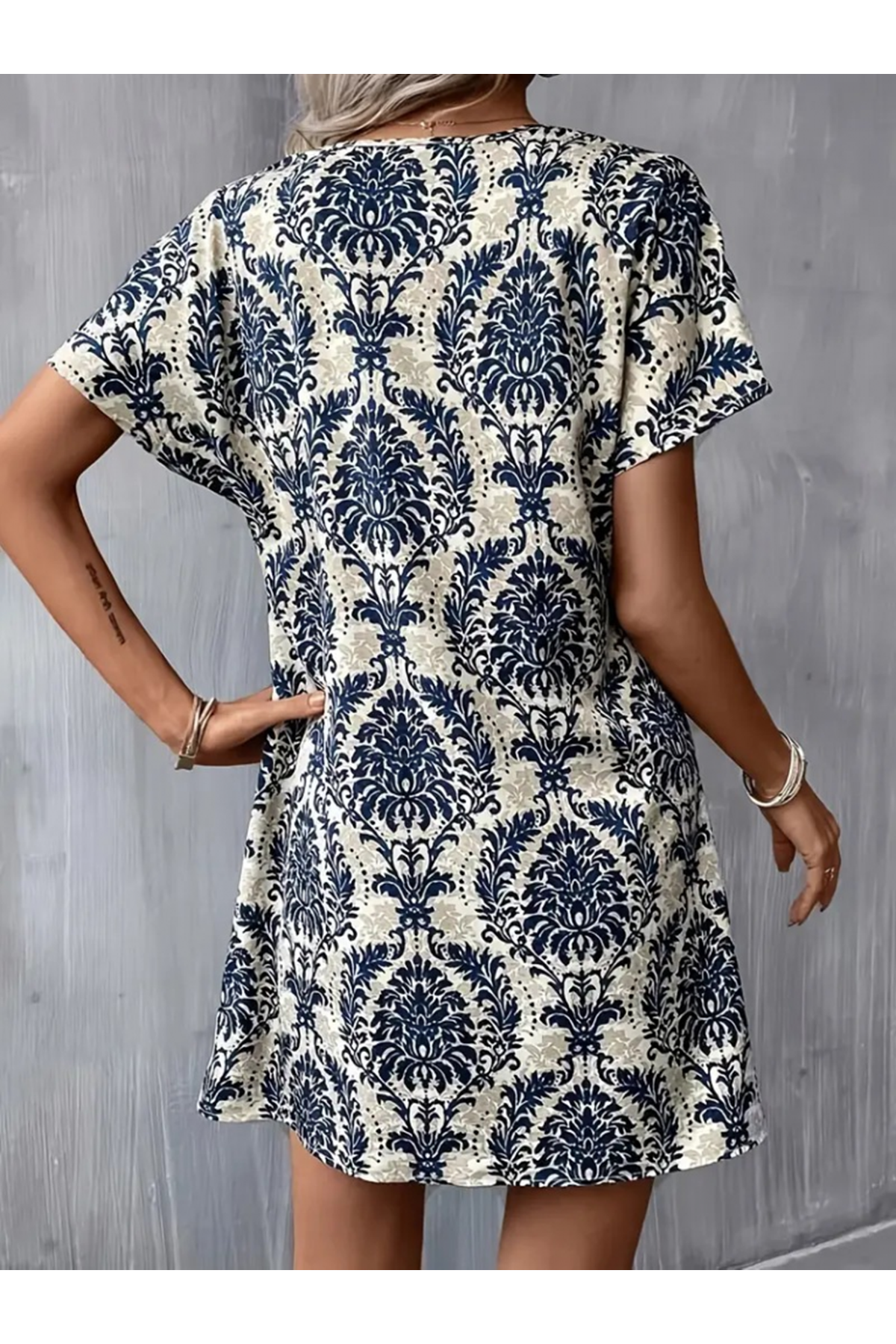 Kadın Kısa Kollu çentik Yaka çiçek Desenli Keten Elbise
