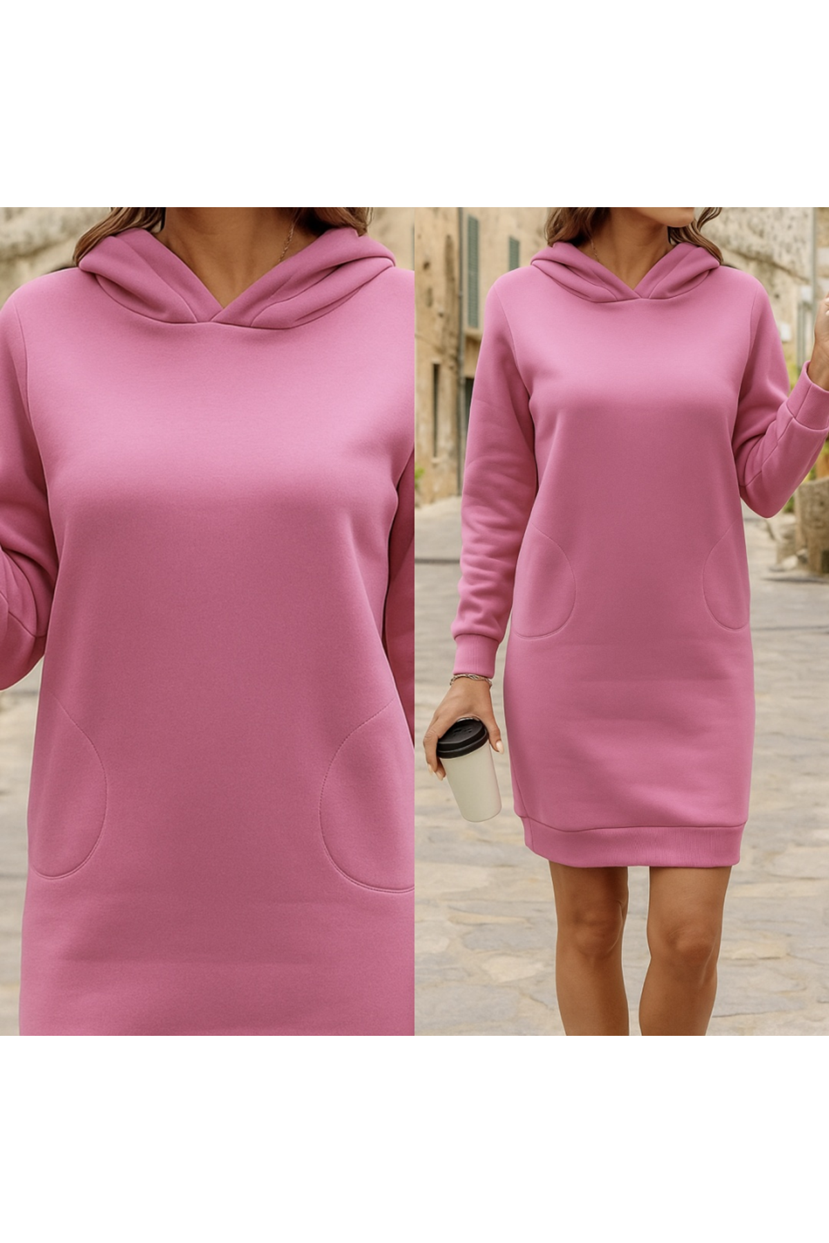 Kadın Uzun Kollu Kapşonlu Kısa Iki Iplik Elbise