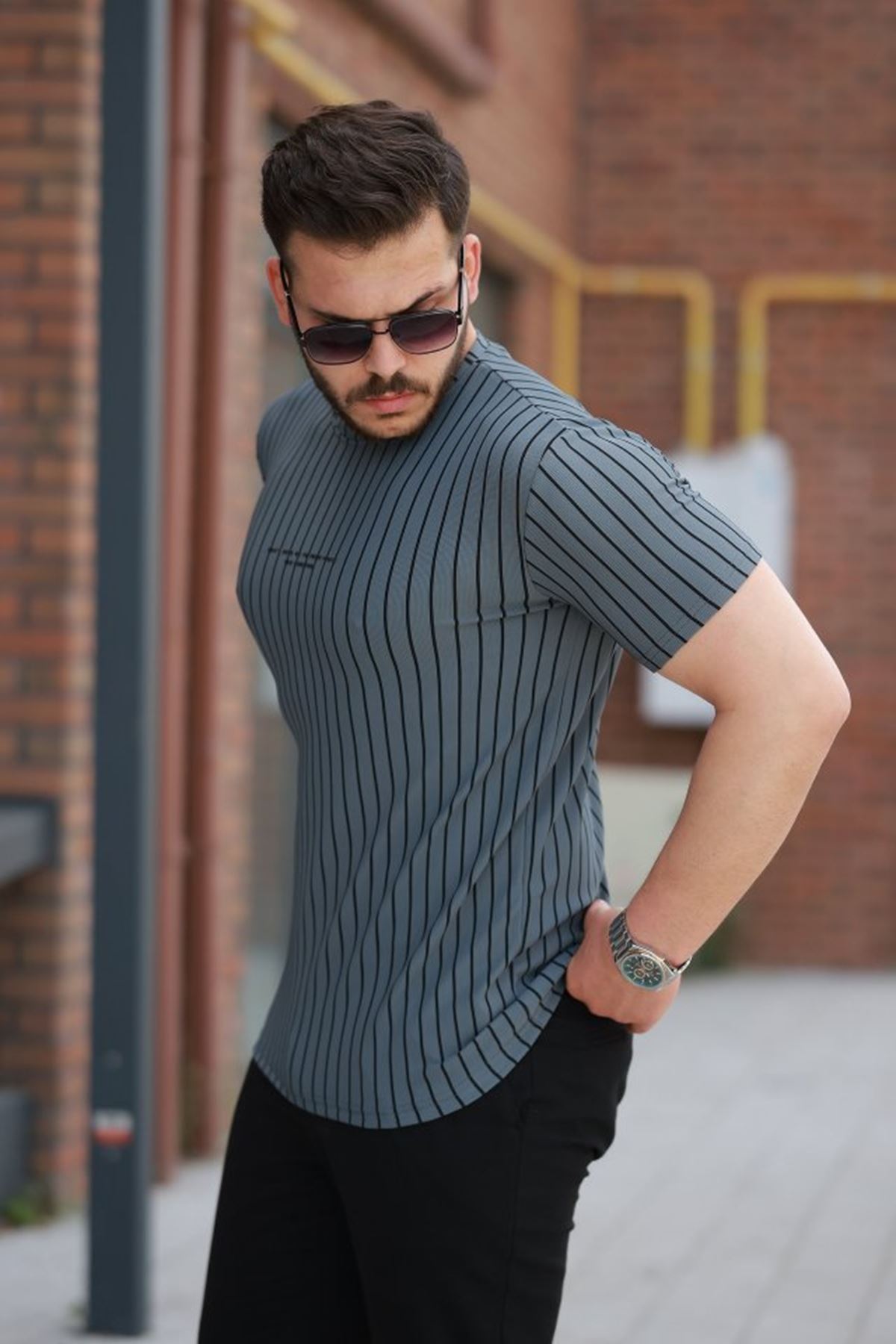 Erkek Dikey çizgili Ottoman Kumaş Kısa Kollu T-shirt