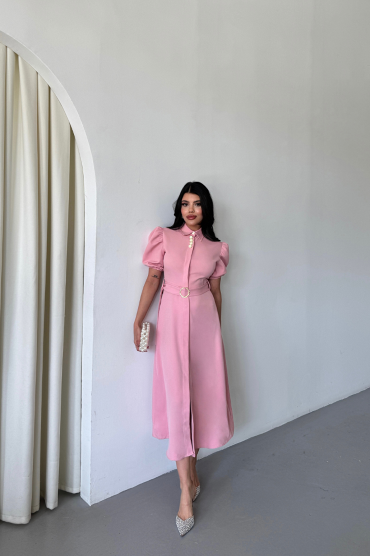 YAKA DÜĞME DETAYLI ELBİSE- Pembe