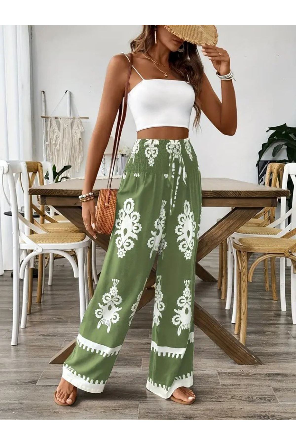 Kadın Yüksek Bel Büzgülü Etnik Desen Baskılı Süprem Pantolon