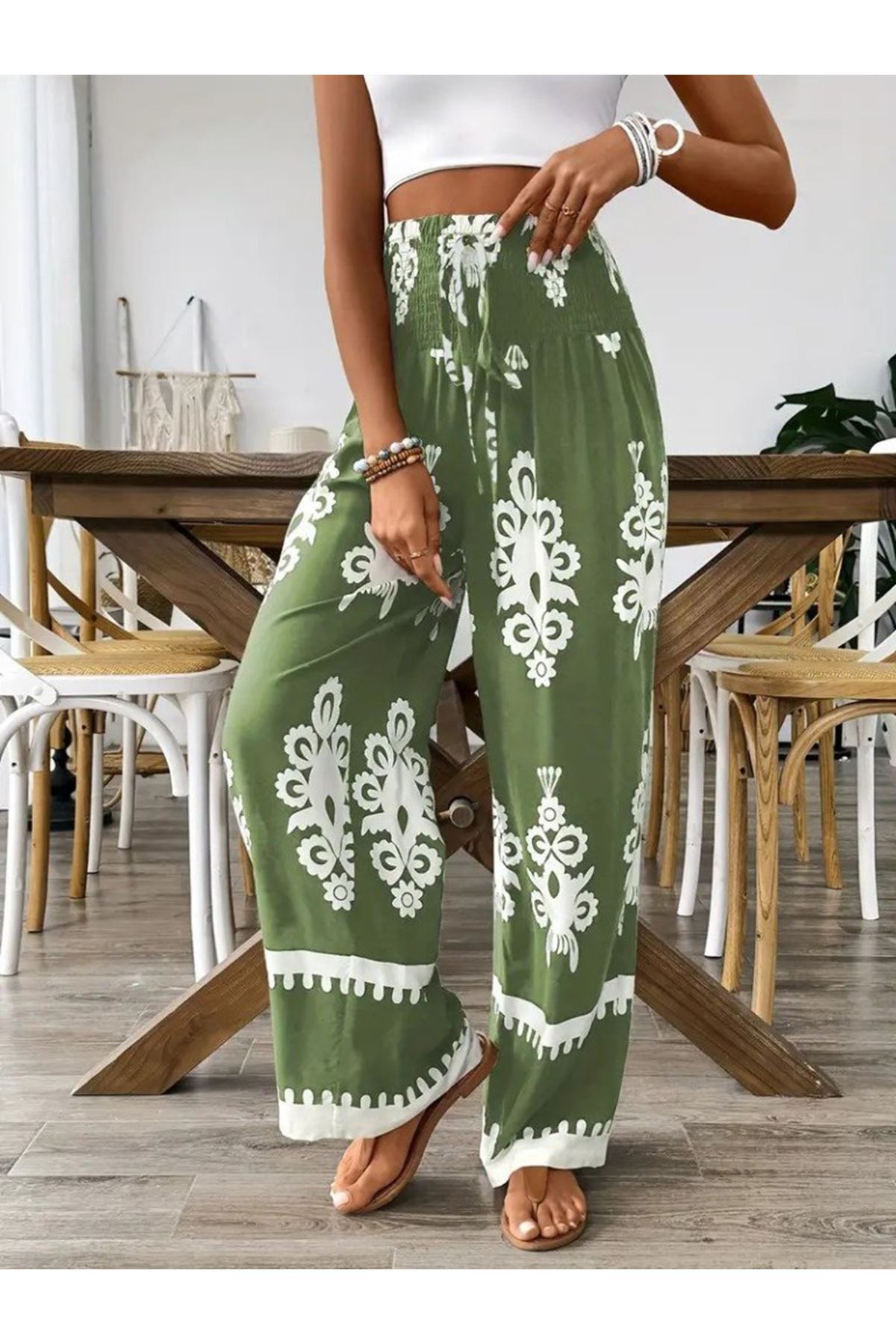 Kadın Yüksek Bel Büzgülü Etnik Desen Baskılı Süprem Pantolon