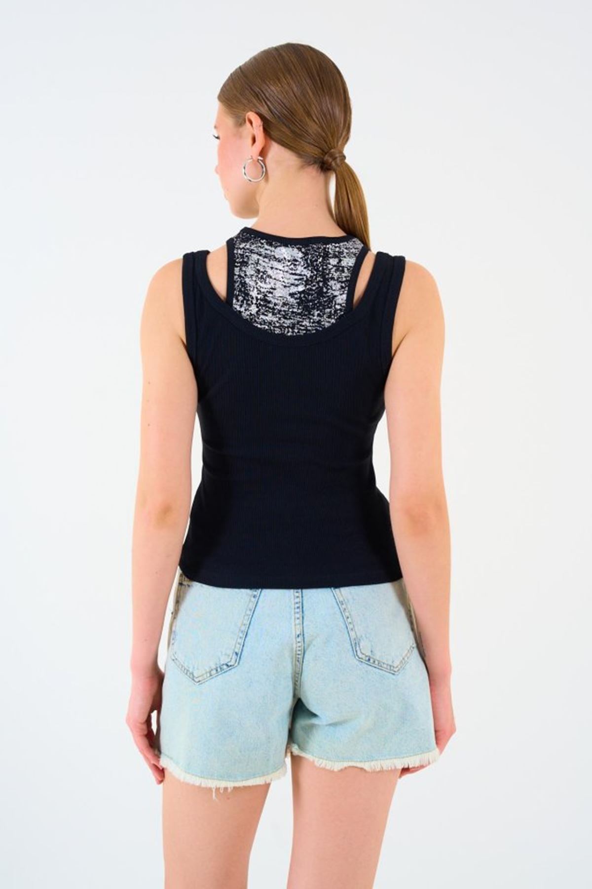 İçi Baskılı Halter Yaka Kaşkorse Atlet - Siyah