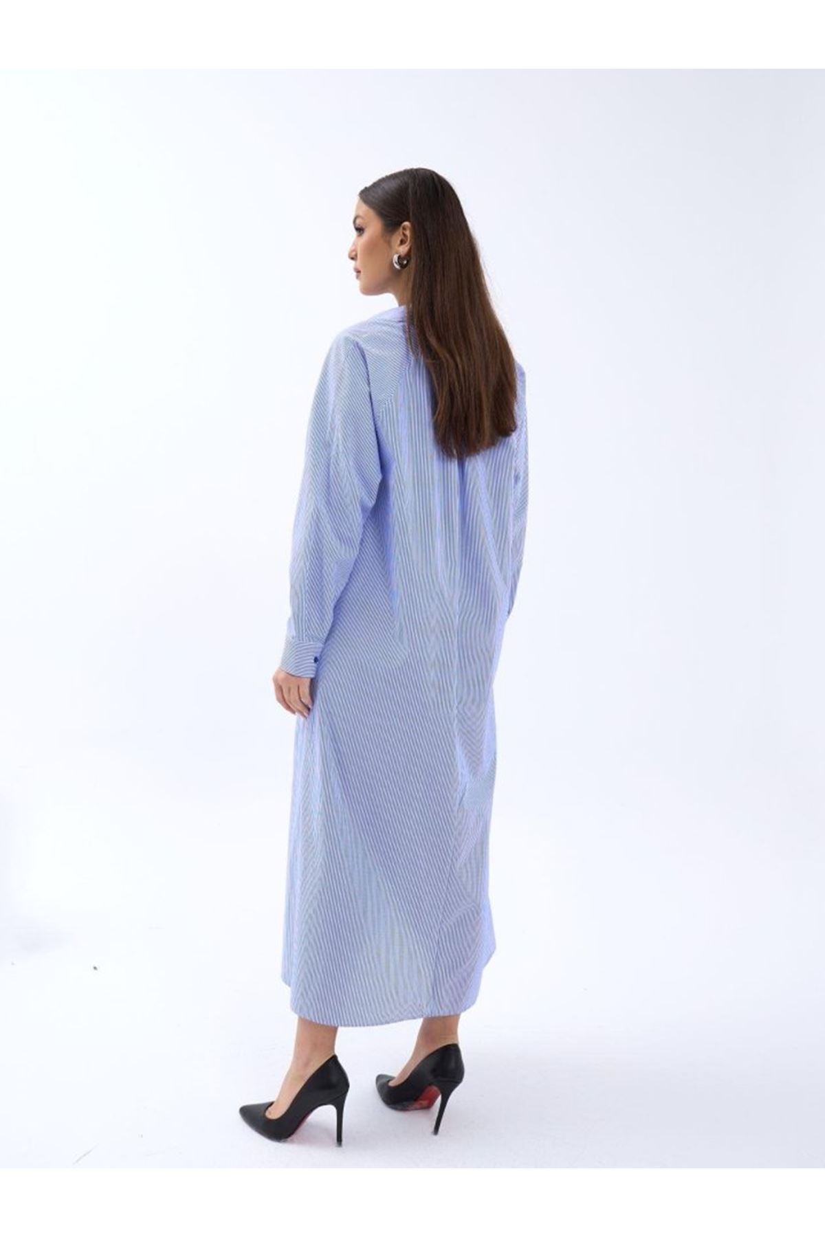 5857 ELBİSE-MAVİ BEYAZ ÇİZGİLİ