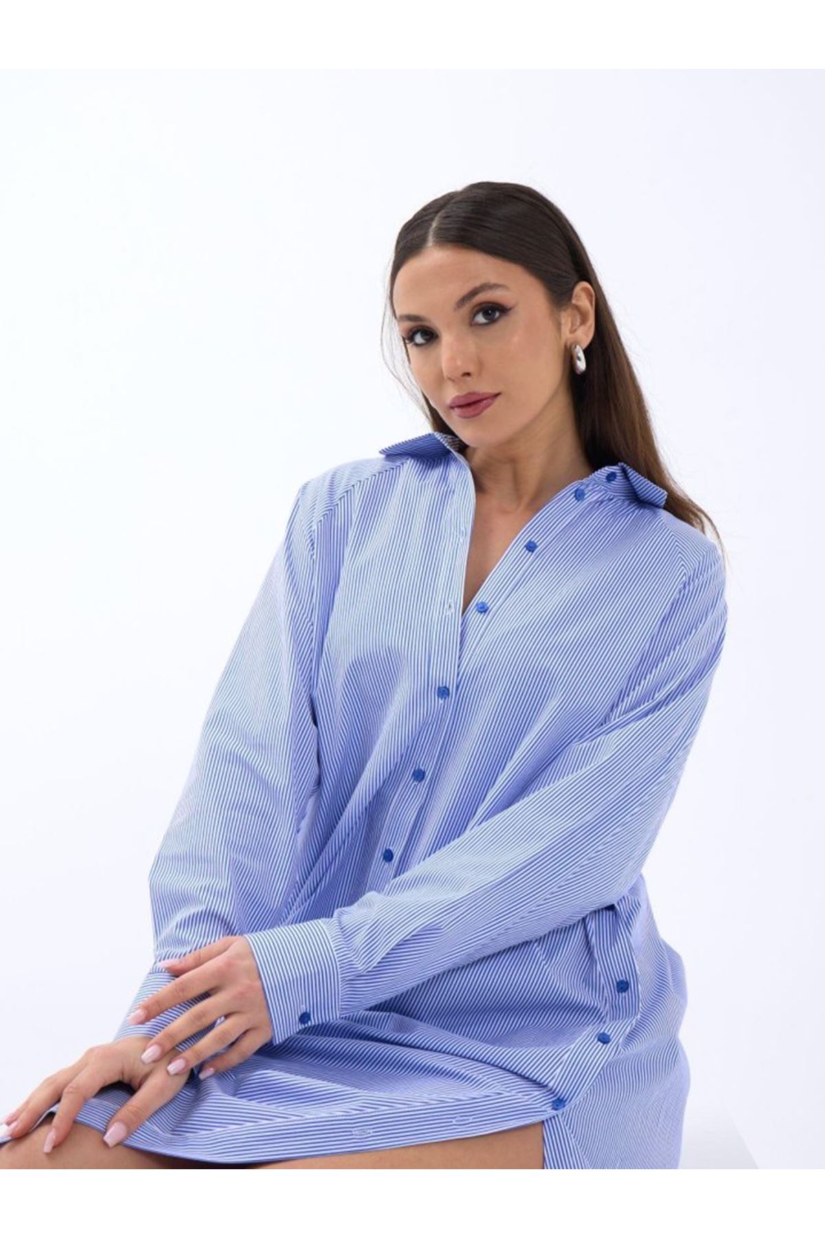 5857 ELBİSE-MAVİ BEYAZ ÇİZGİLİ