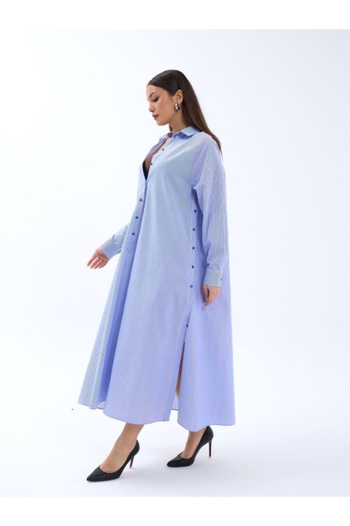 5857 ELBİSE-MAVİ BEYAZ ÇİZGİLİ