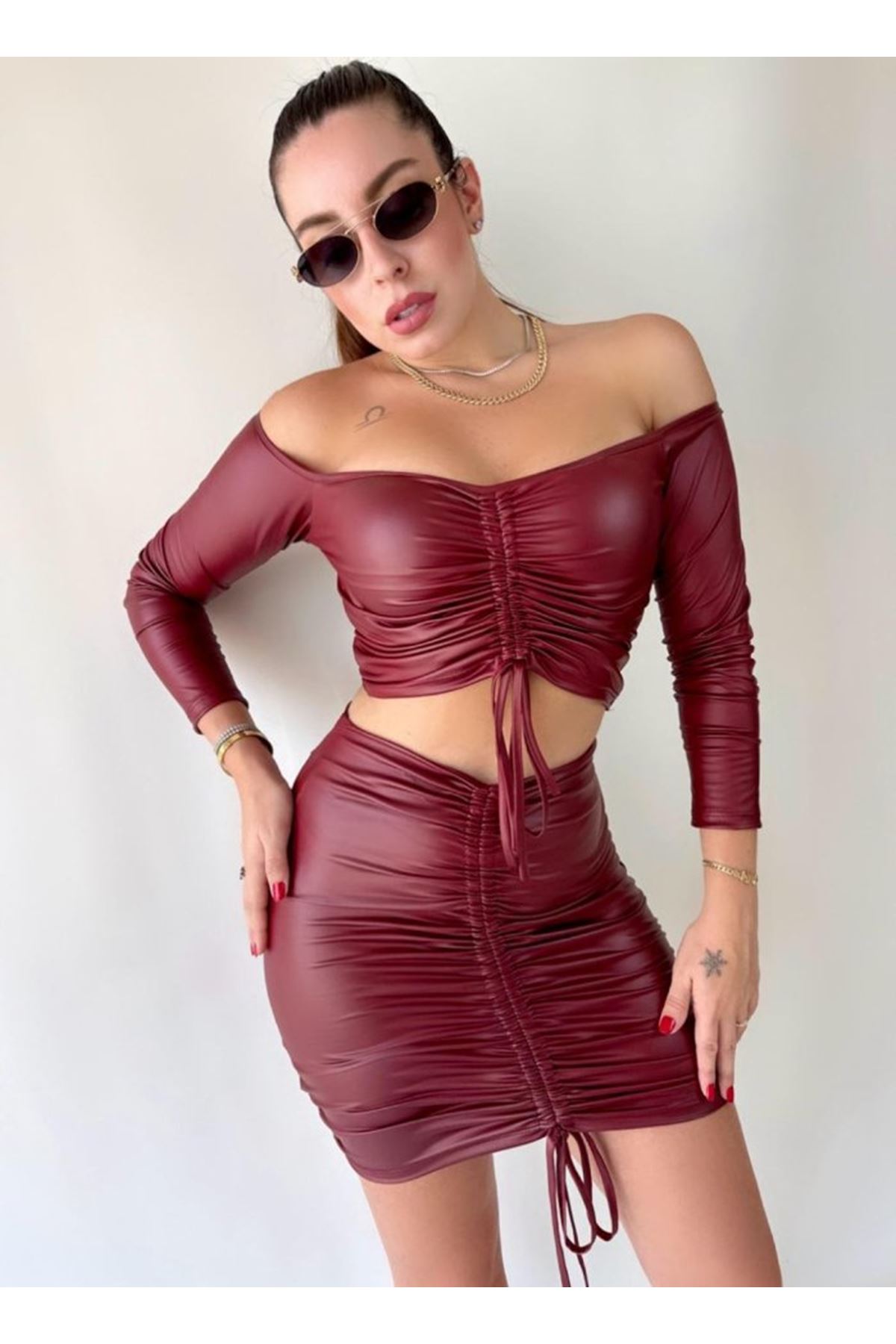 Kadın Büzgülü Deri Etek Takım Fırsat Ürün