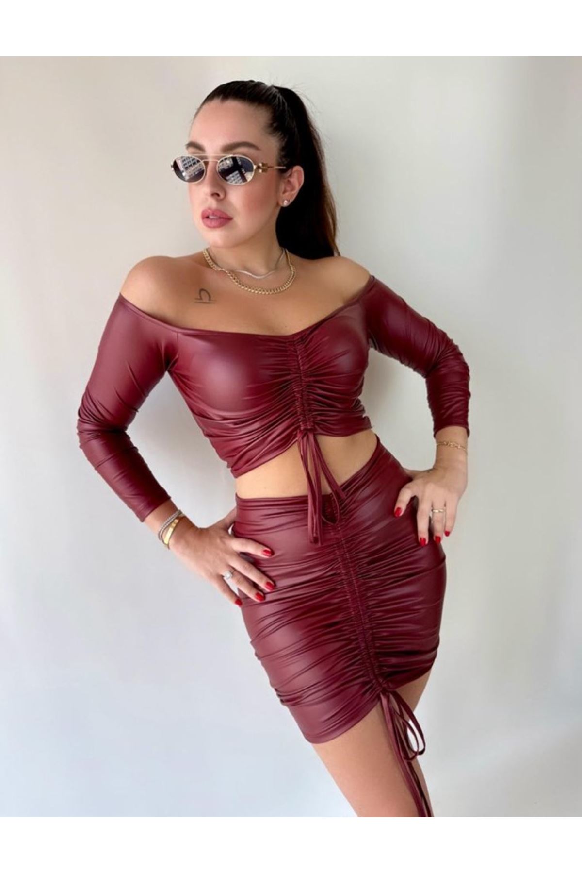 Kadın Büzgülü Deri Etek Takım Fırsat Ürün