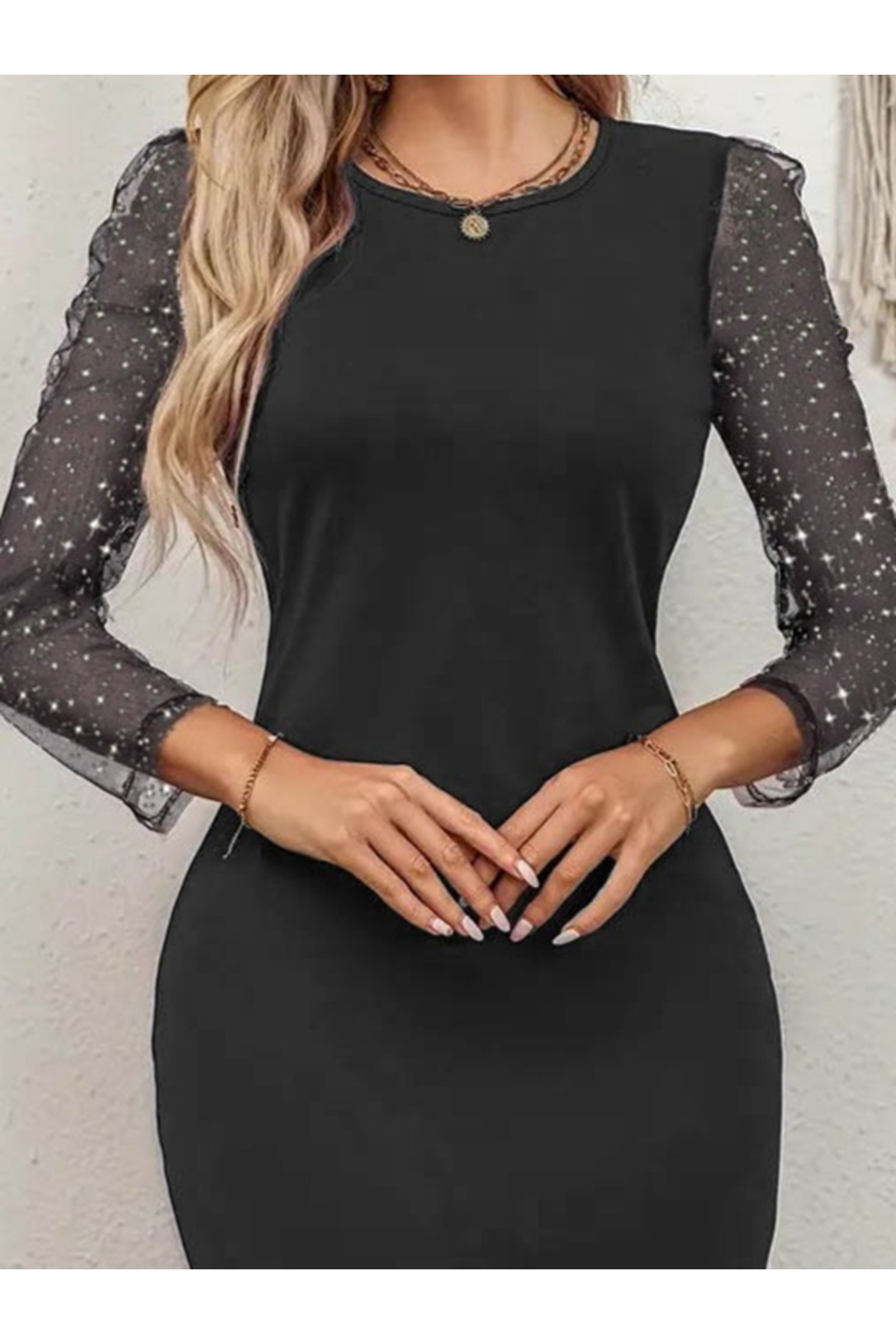 Kadın Bisiklet Yaka Kol Tül Detay Dalgıç Mini Boy Elbise