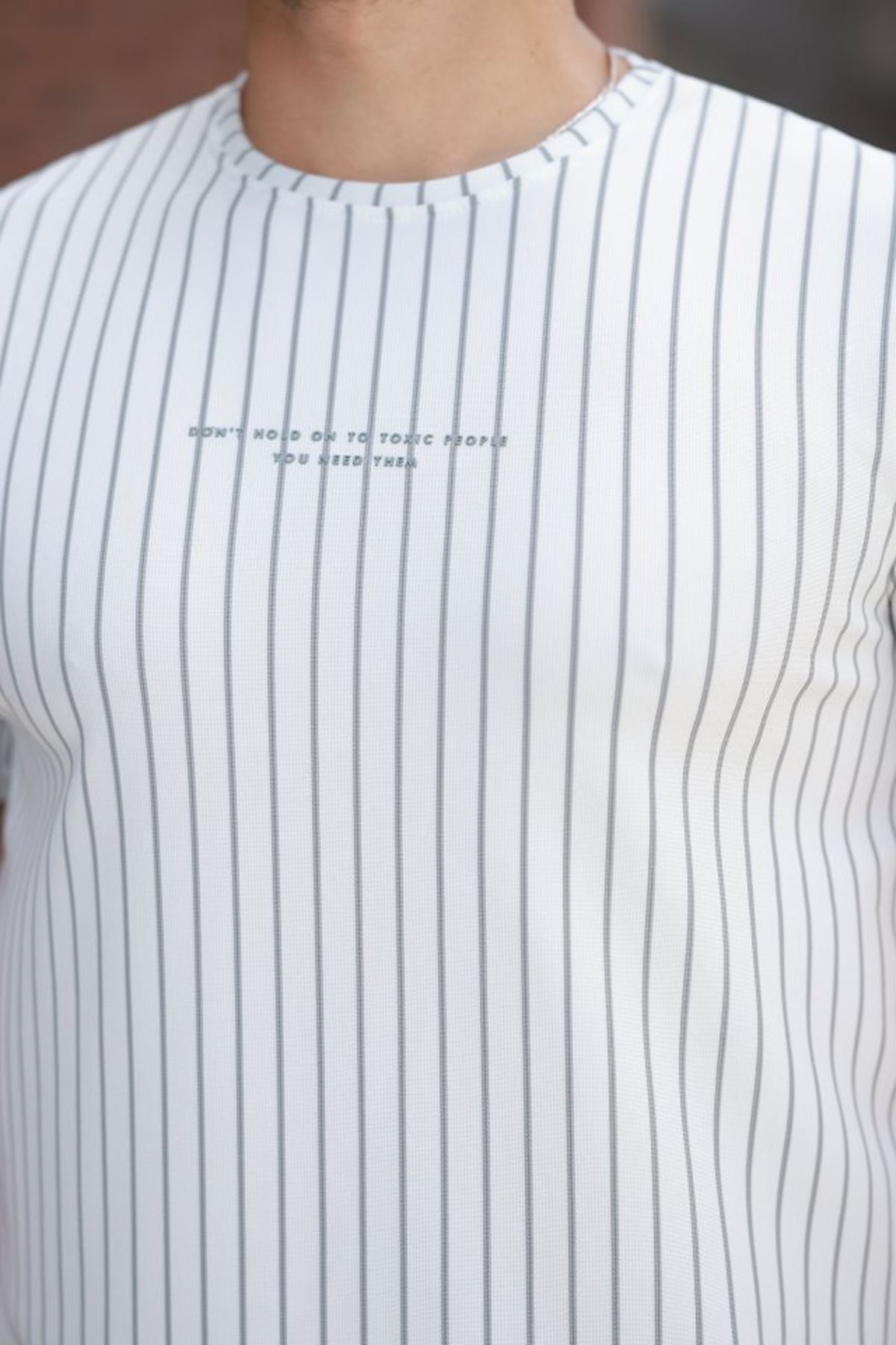 Erkek Dikey çizgili Ottoman Kumaş Kısa Kollu T-shirt