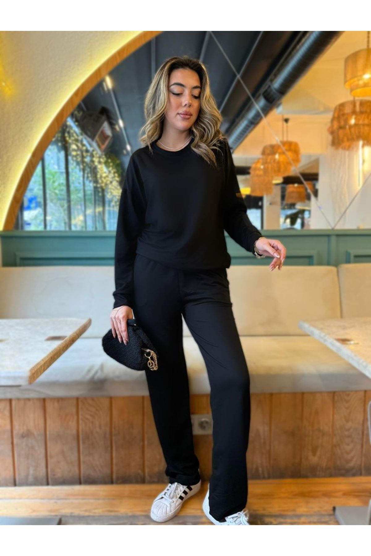 Kadın Uzun Kollu Bisiklet Yaka Viskon Iki Iplik Bluz Ve Pantolon Ikili Takım