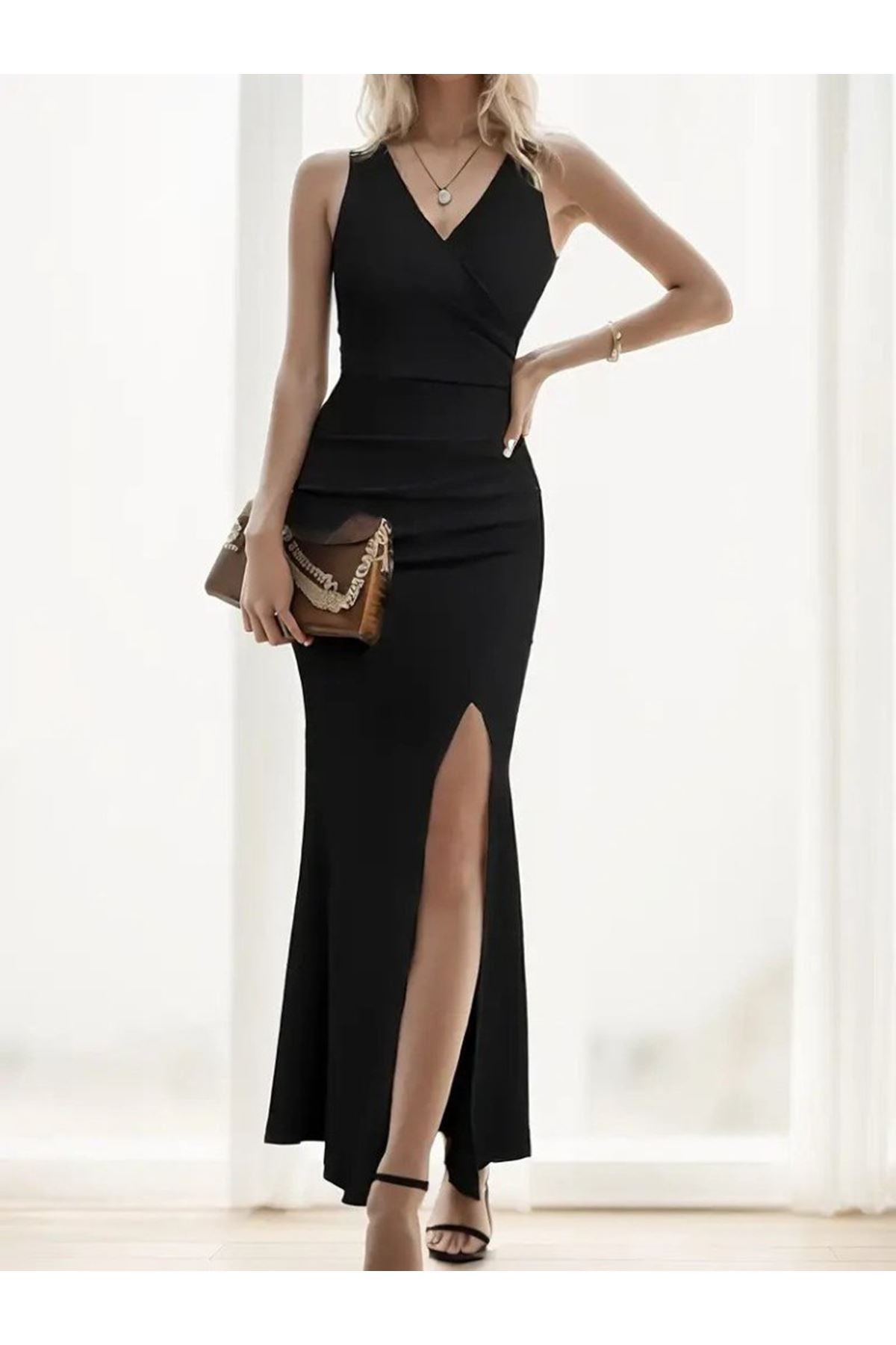 Kadın Askılı Kruvaze Yaka Yırtmaç Detaylı Janjan Krep Elbise