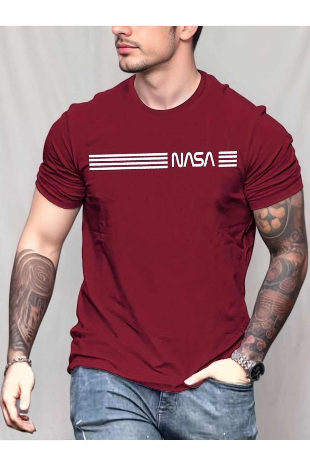 Erkek Kısa Kollu Nasa Baskı Basic Erkek T-shirt