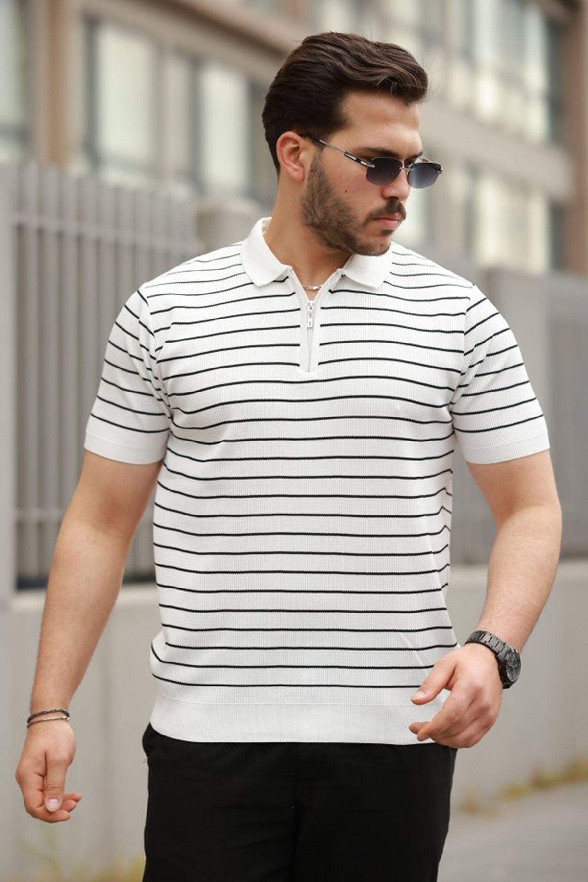 Erkek Fermuar Yakalı çizgili Kısa Kollu T-shirt