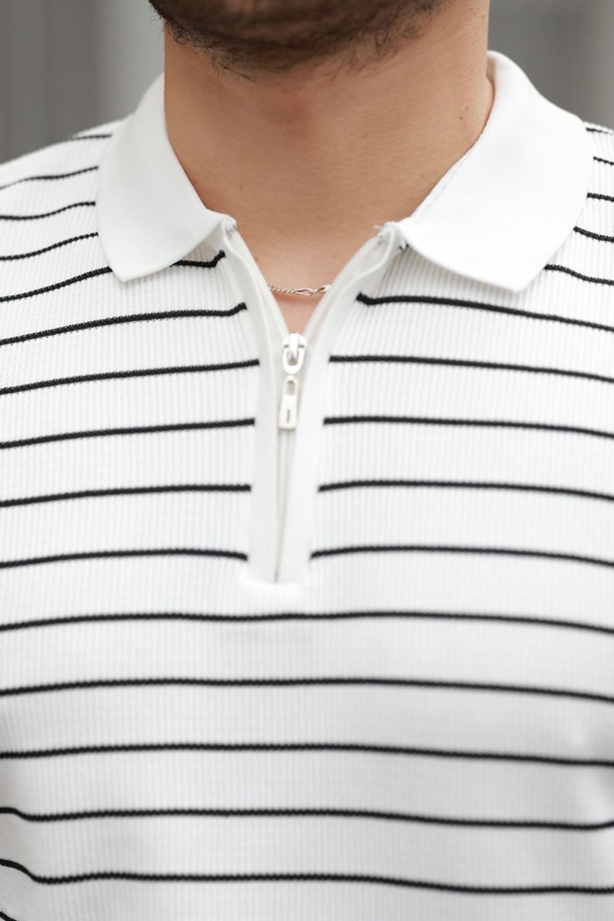 Erkek Fermuar Yakalı çizgili Kısa Kollu T-shirt