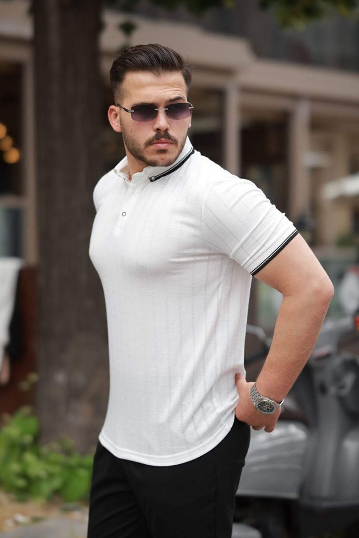 Erkek Düğme Yakalı Jakar Kumaş Kısa Kollu Tişört