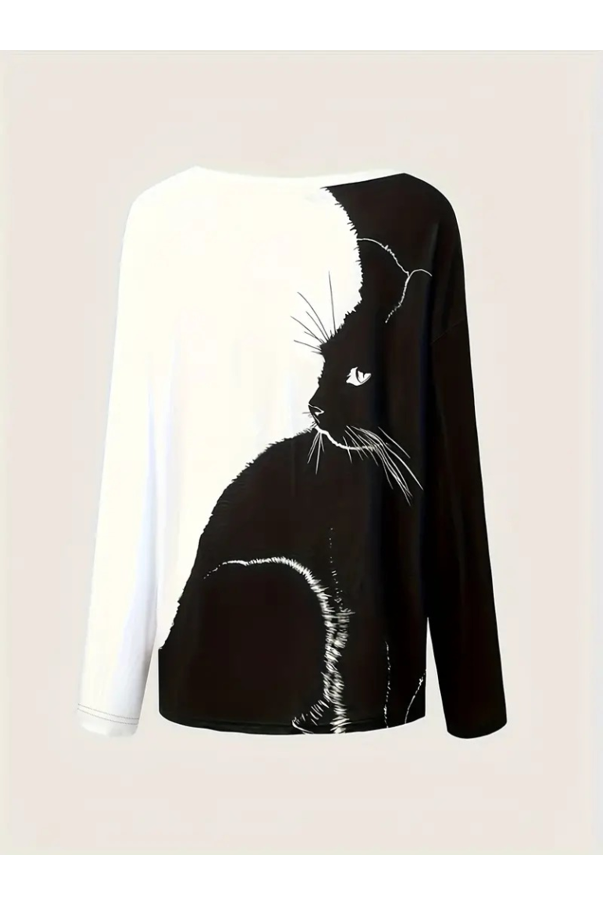 Kadın Uzun Kollu V Yakalı Kedi Baskılı şardonlu Dalgıç Bluz