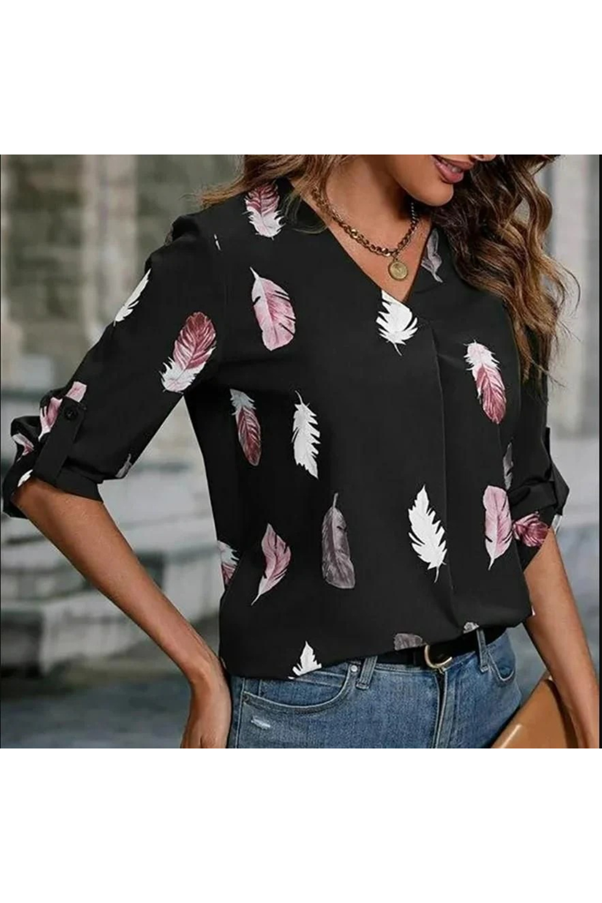Kadın Yaprak Baskı Ayarlanabilir Truvakar Kol Süper Soft Bluz