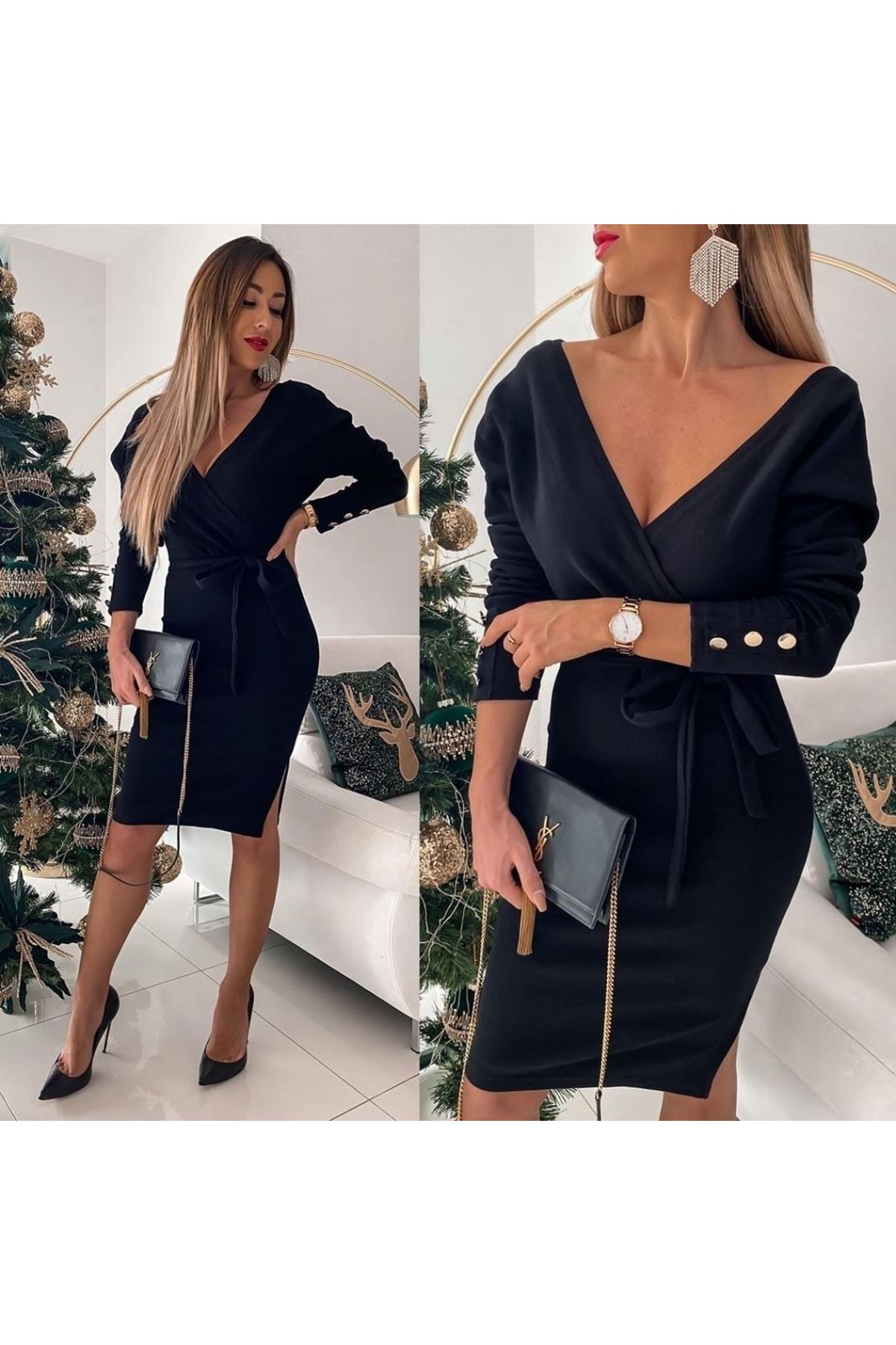 Kadın Uzun Kollu Kruvaze Yaka Bağcık Detay Akrilik Mini Boy Elbise