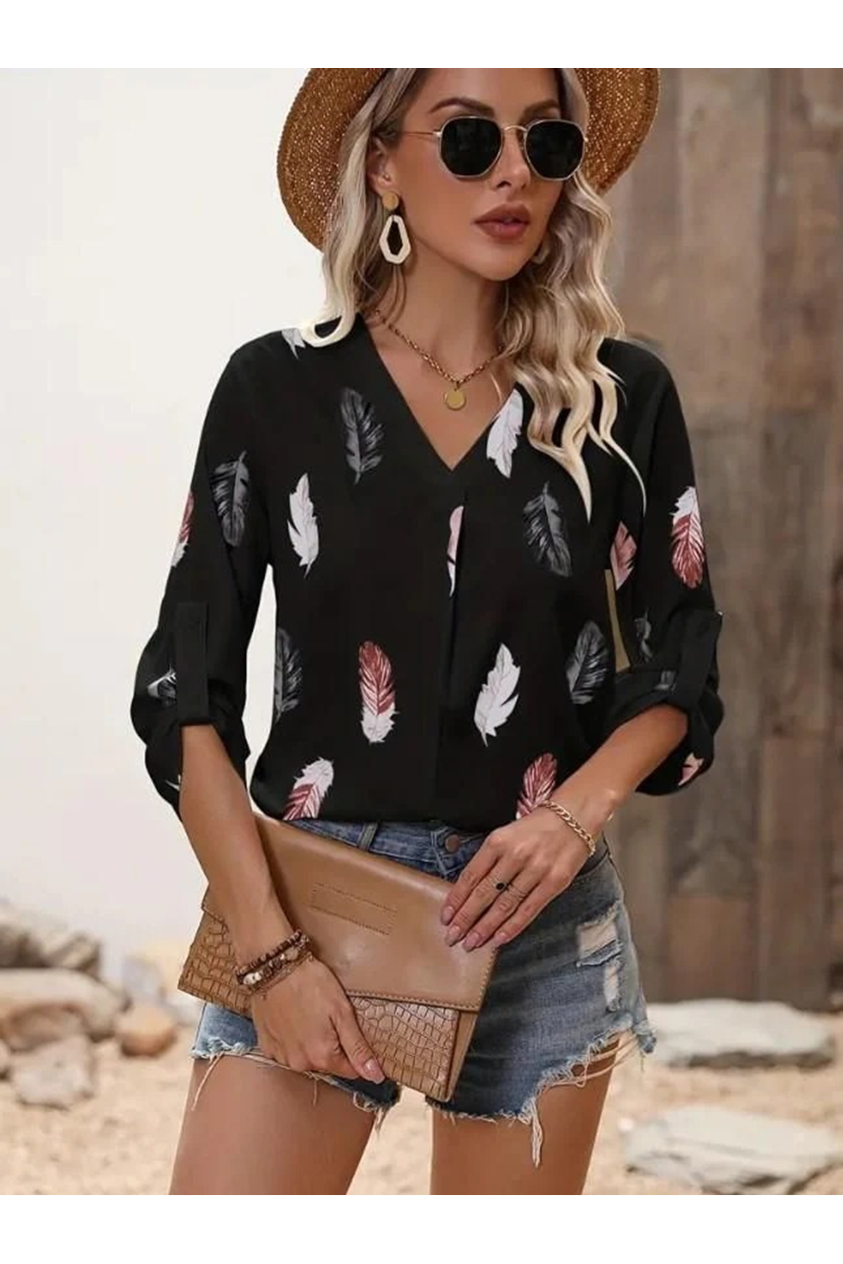Kadın Yaprak Baskı Ayarlanabilir Truvakar Kol Süper Soft Bluz