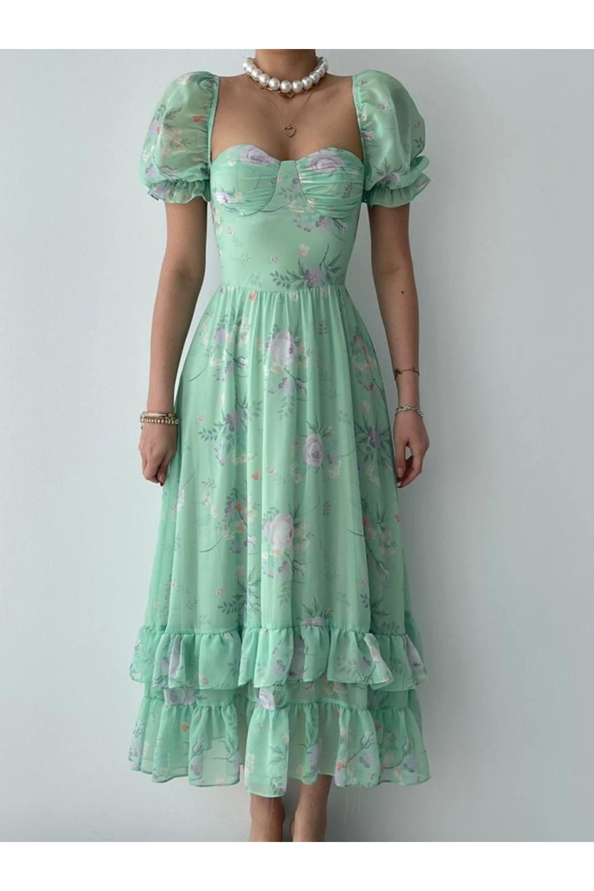 ŞİFON KUMAŞ DİJİTAL DESEN BASKILI ELBİSE