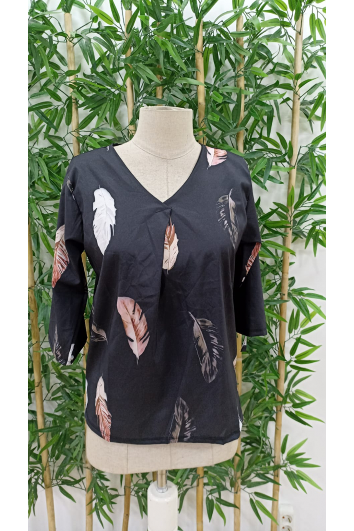 Kadın Yaprak Baskı Ayarlanabilir Truvakar Kol Süper Soft Bluz