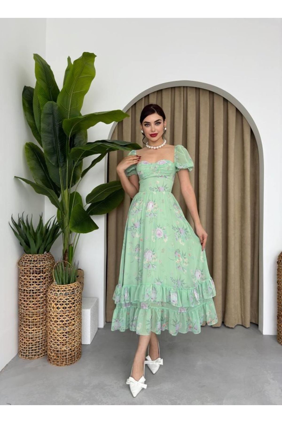 ŞİFON KUMAŞ DİJİTAL DESEN BASKILI ELBİSE