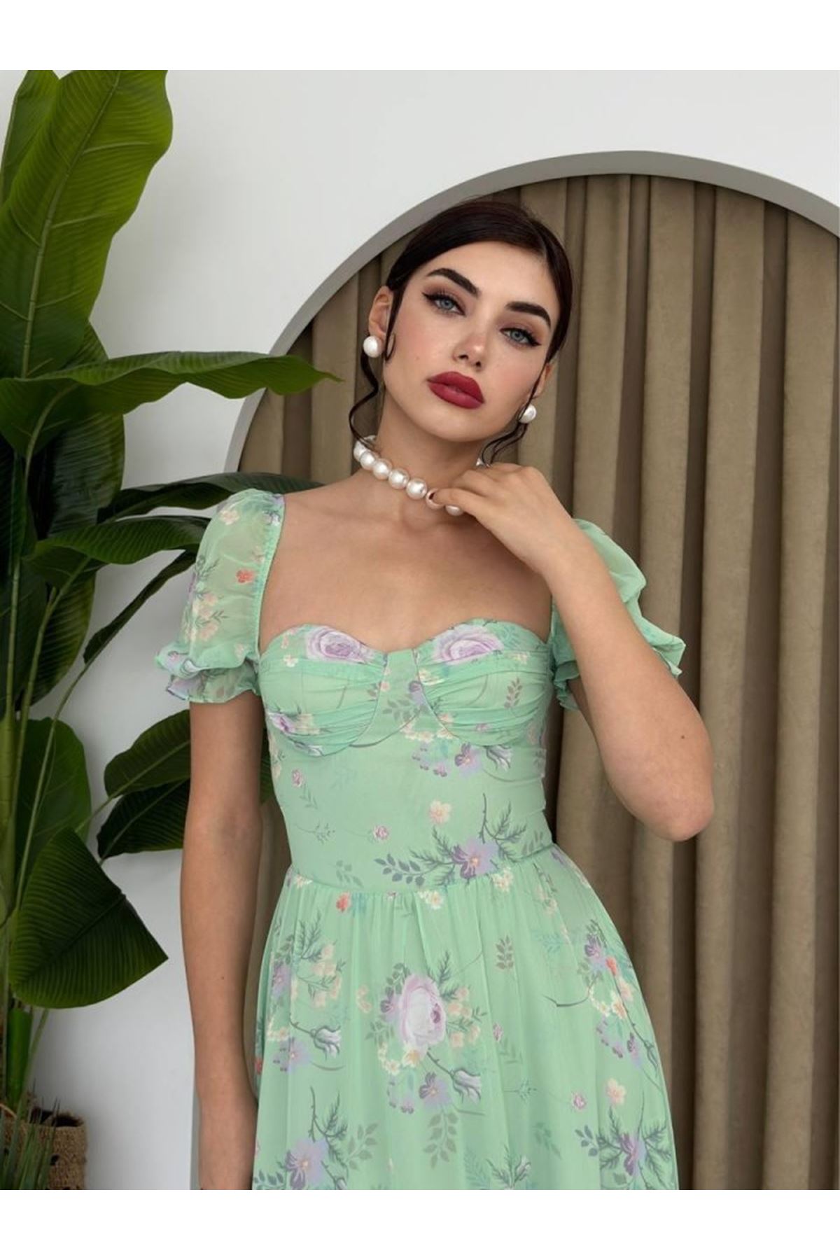 ŞİFON KUMAŞ DİJİTAL DESEN BASKILI ELBİSE