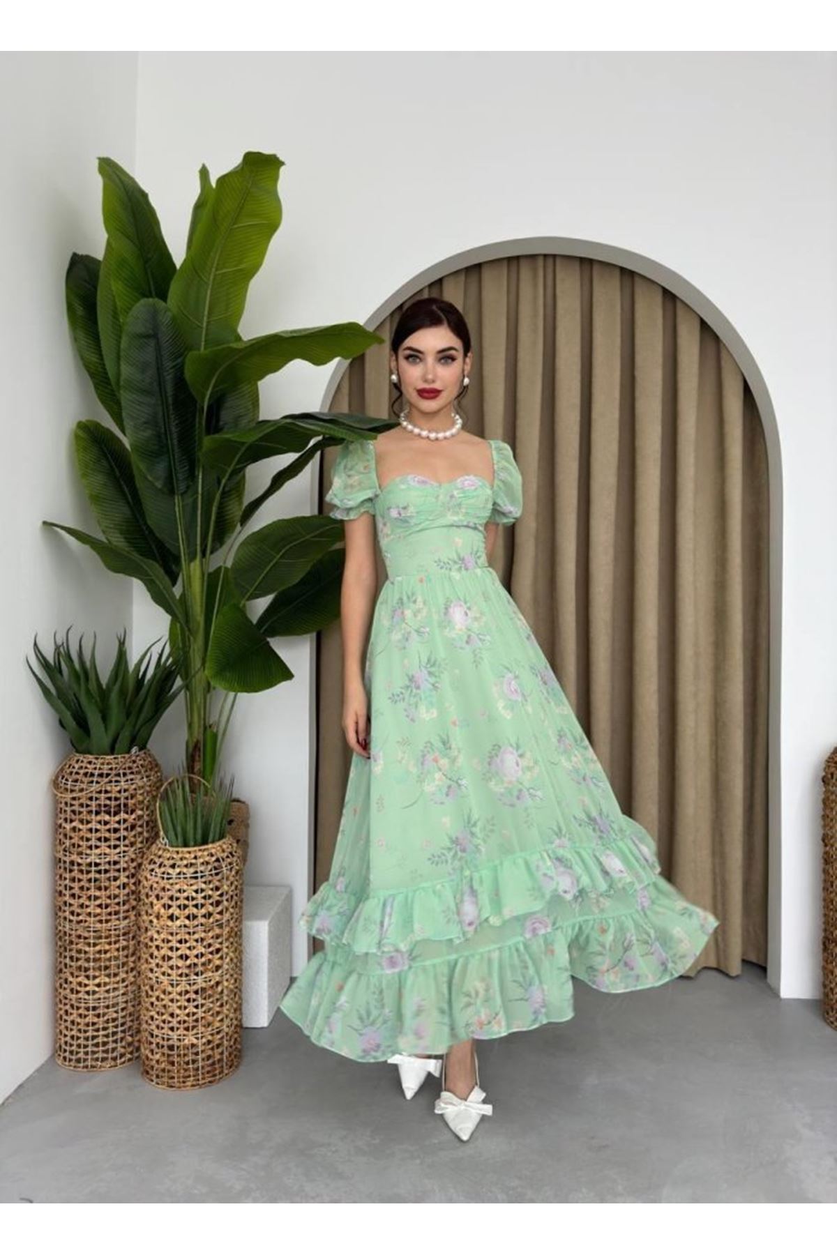 ŞİFON KUMAŞ DİJİTAL DESEN BASKILI ELBİSE