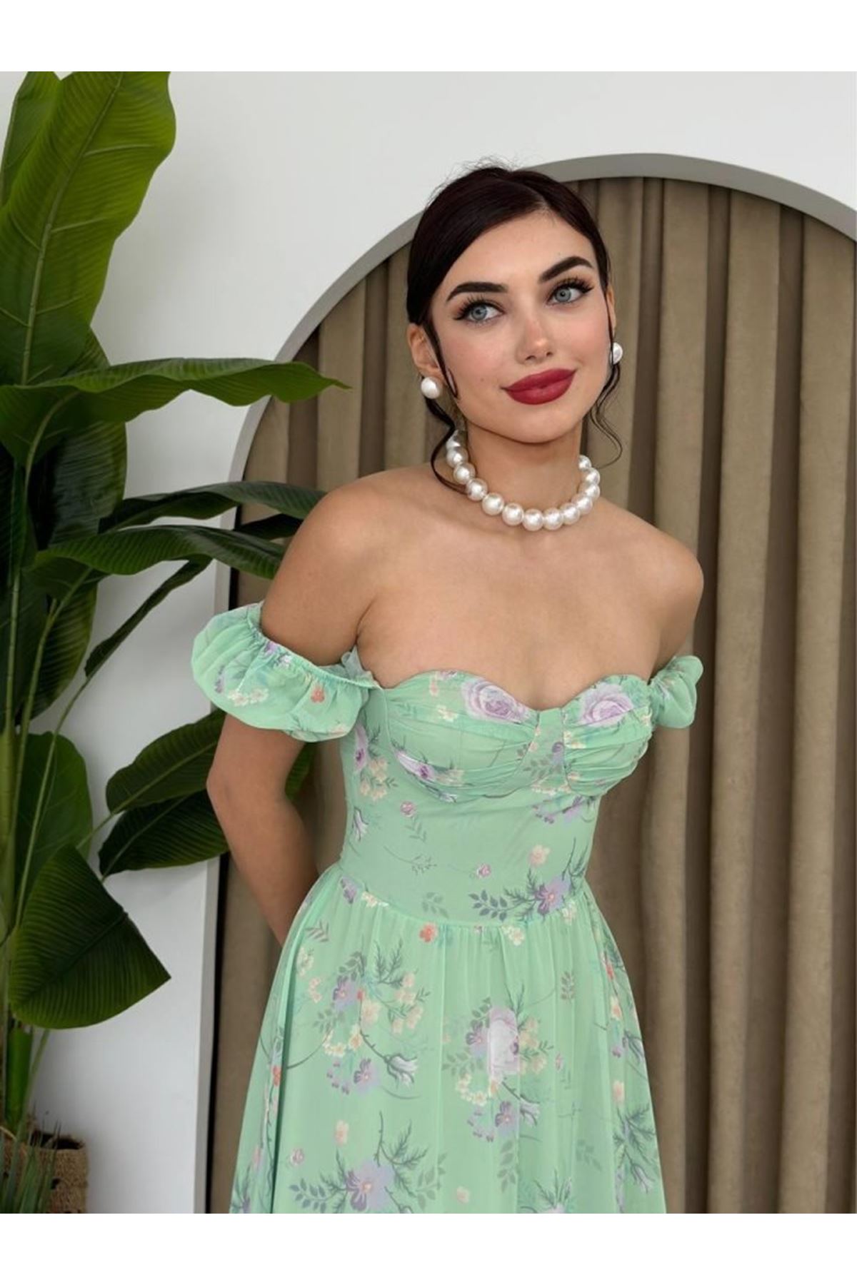 ŞİFON KUMAŞ DİJİTAL DESEN BASKILI ELBİSE