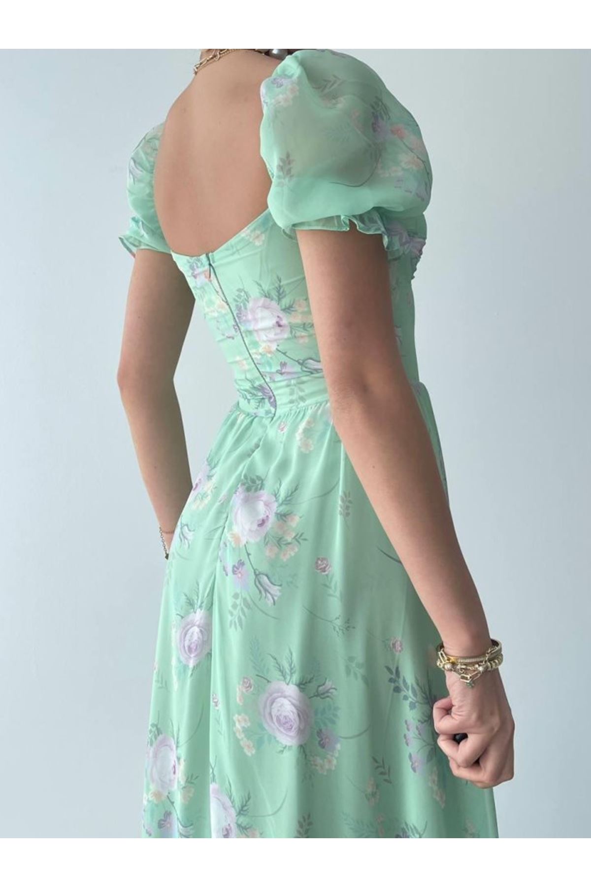 ŞİFON KUMAŞ DİJİTAL DESEN BASKILI ELBİSE