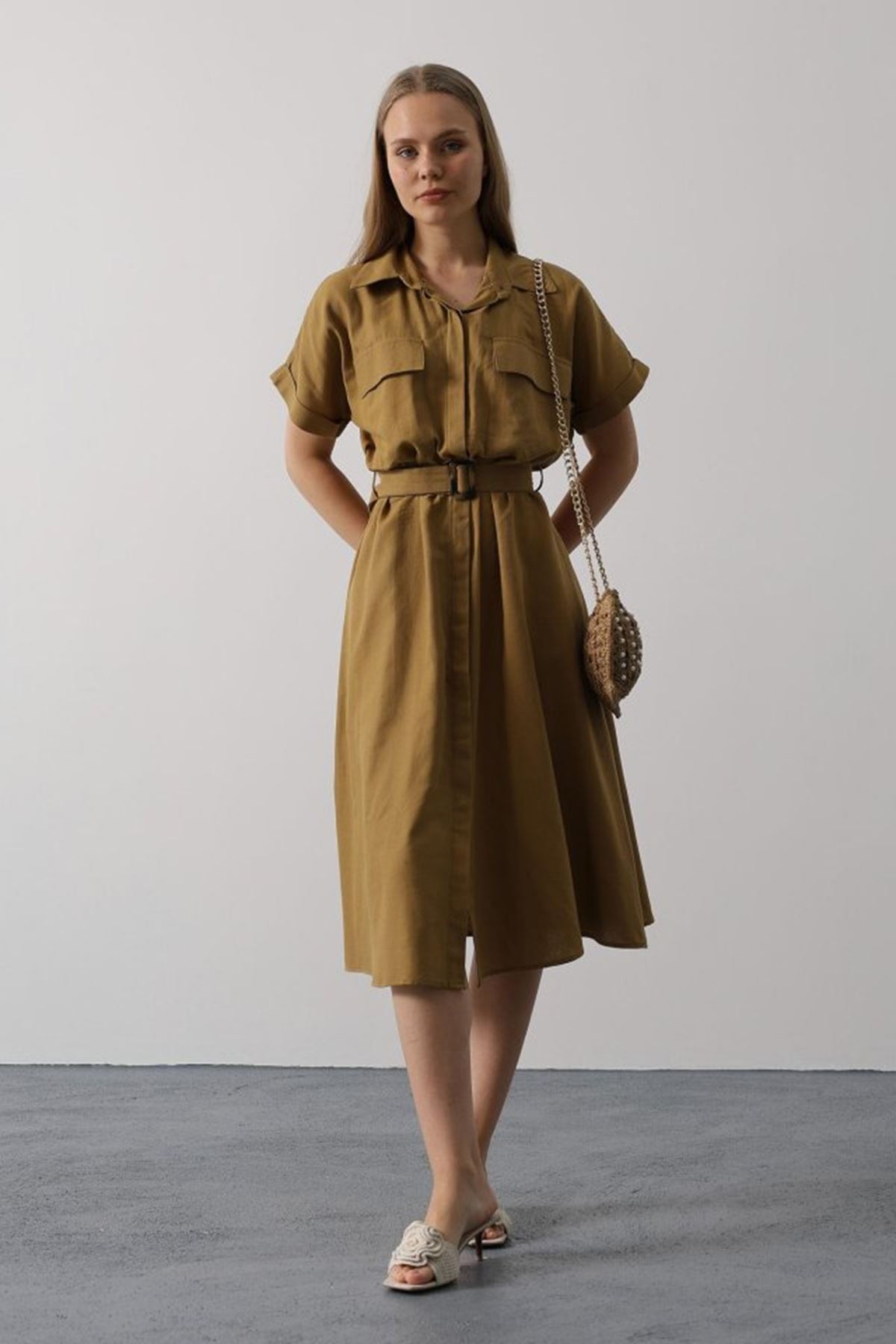 Kuşaklı Cep Detaylı Yarım Kol Elbise - Yağ Yeşili